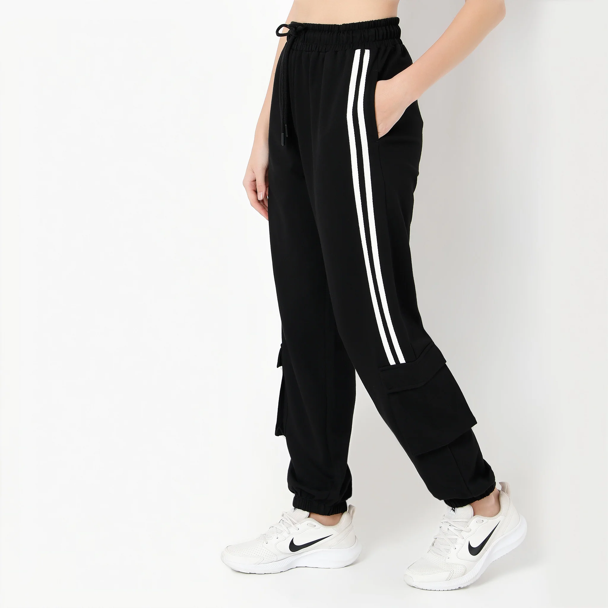 Relaxed Fit Ankle Length High Rise With Patch Pockets And Stripe Detail Joggers - Image 5