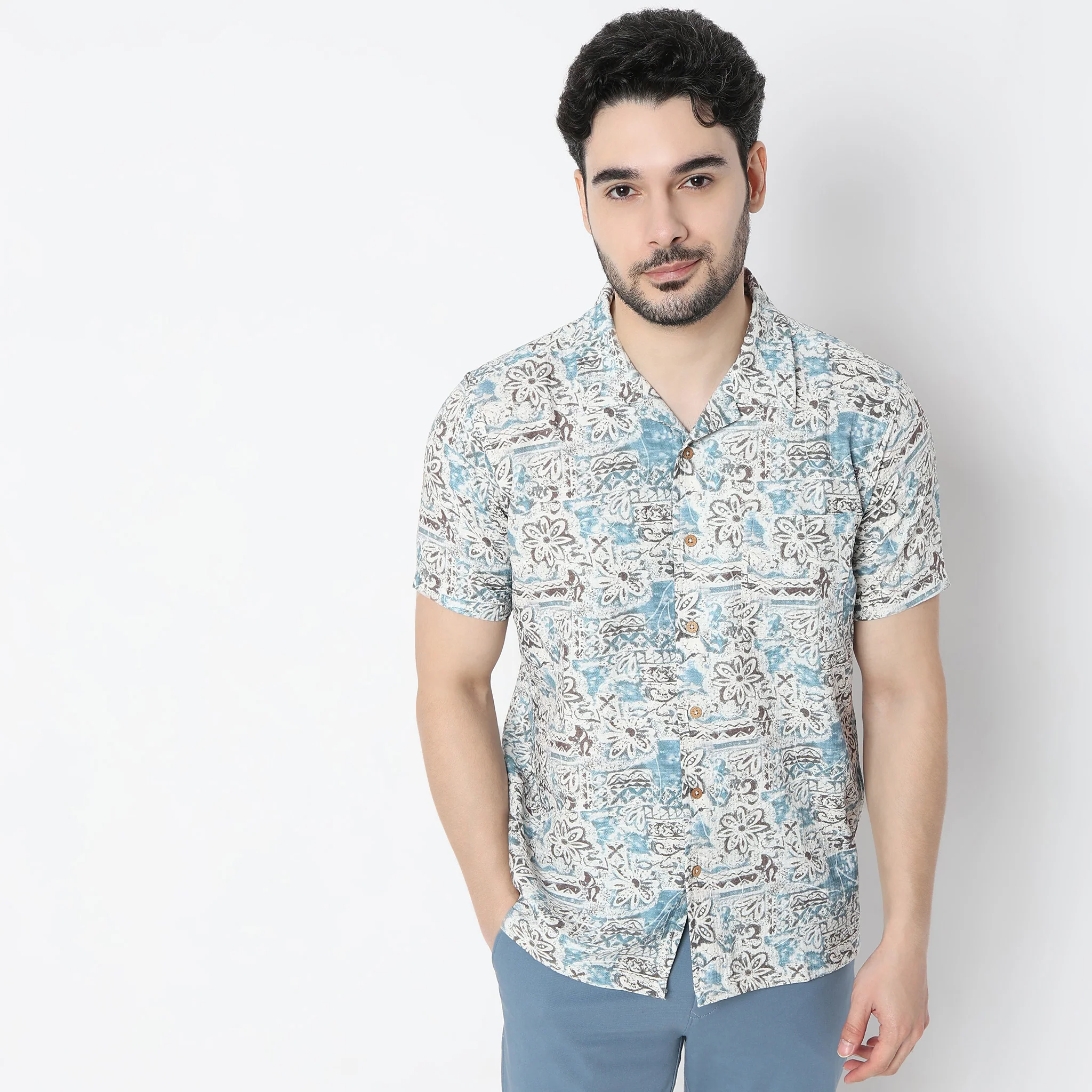 Relaxed Fit Digital Print Half Sleeve Camp Collar Straight Cuban Shirt - Image 2
