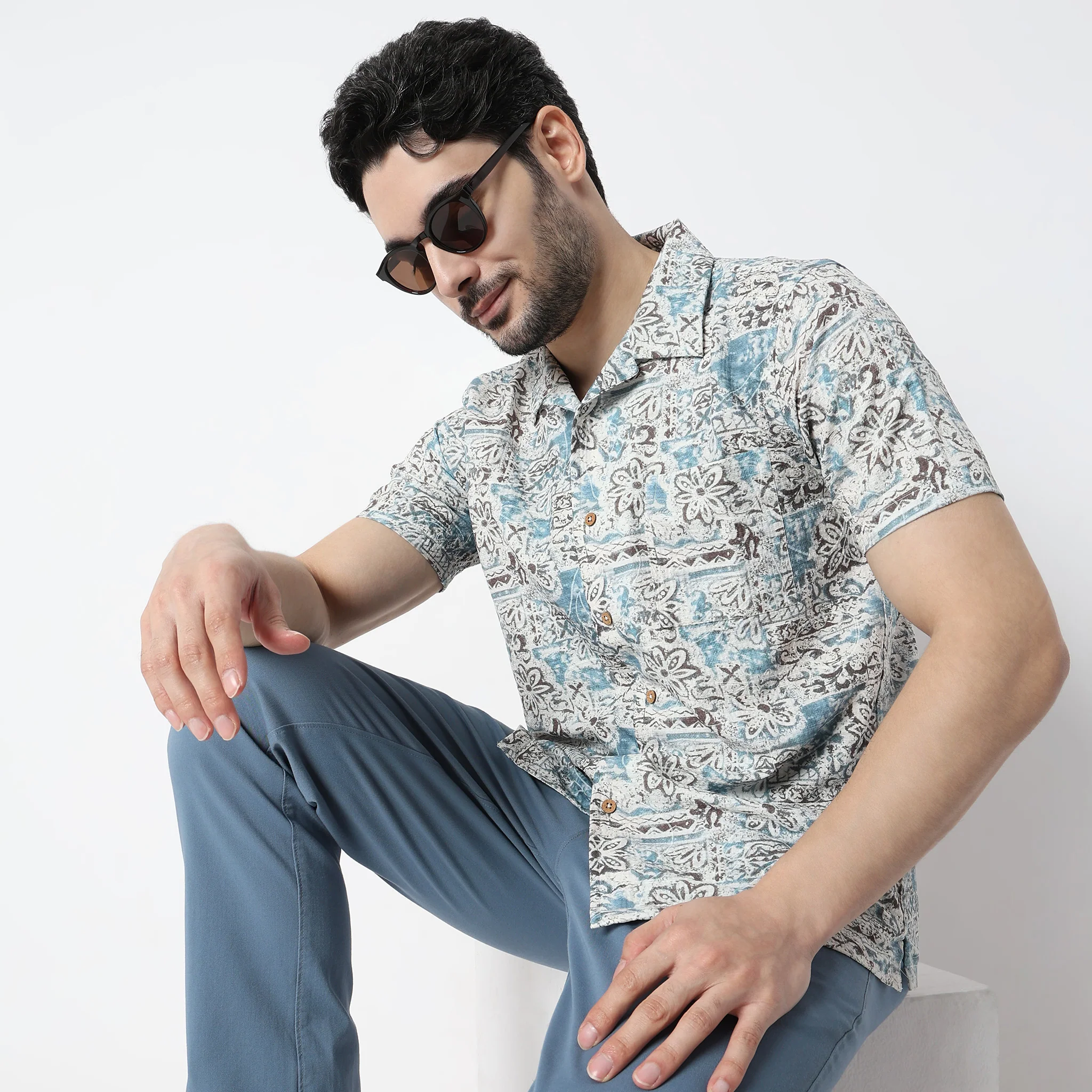 Relaxed Fit Digital Print Half Sleeve Camp Collar Straight Cuban Shirt - Image 4