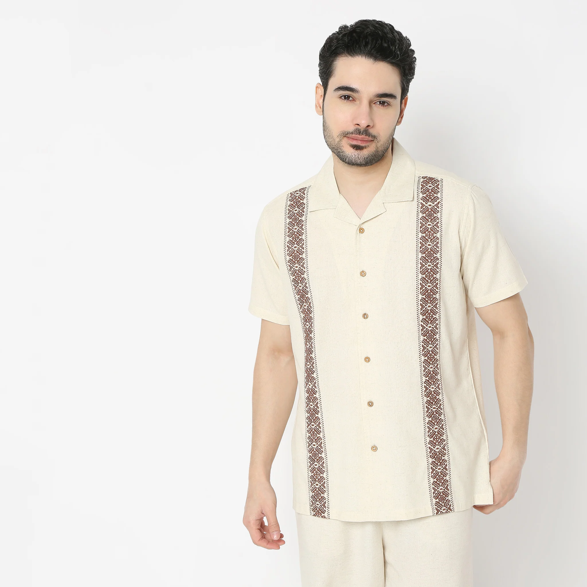 Artistry™ Relaxed Natural Linen Blend Fit Embroiderd Camp Collar Half Sleeve Shirt - Image 2