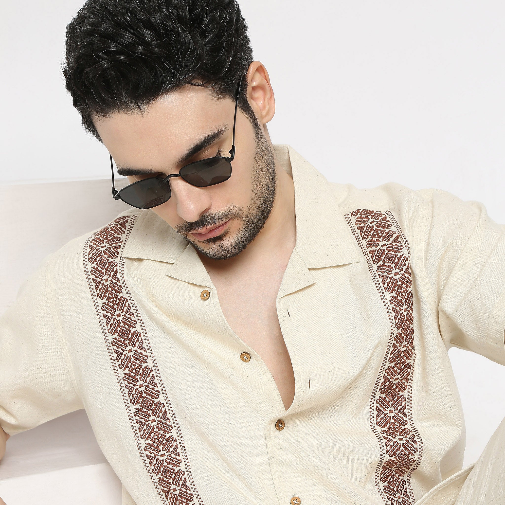 Artistry™ Relaxed Natural Linen Blend Fit Embroiderd Camp Collar Half Sleeve Shirt - Image 4