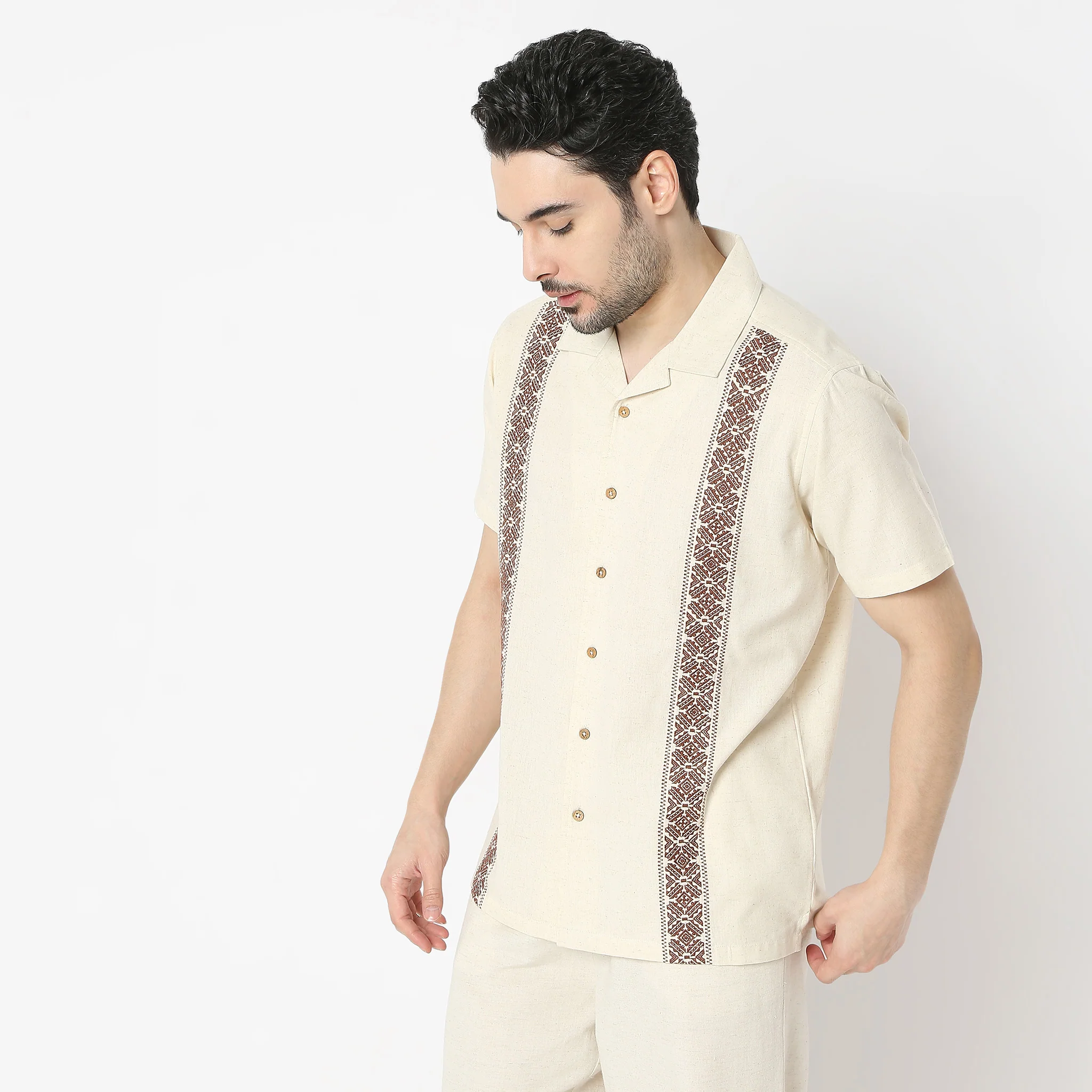 Artistry™ Relaxed Natural Linen Blend Fit Embroiderd Camp Collar Half Sleeve Shirt - Image 5