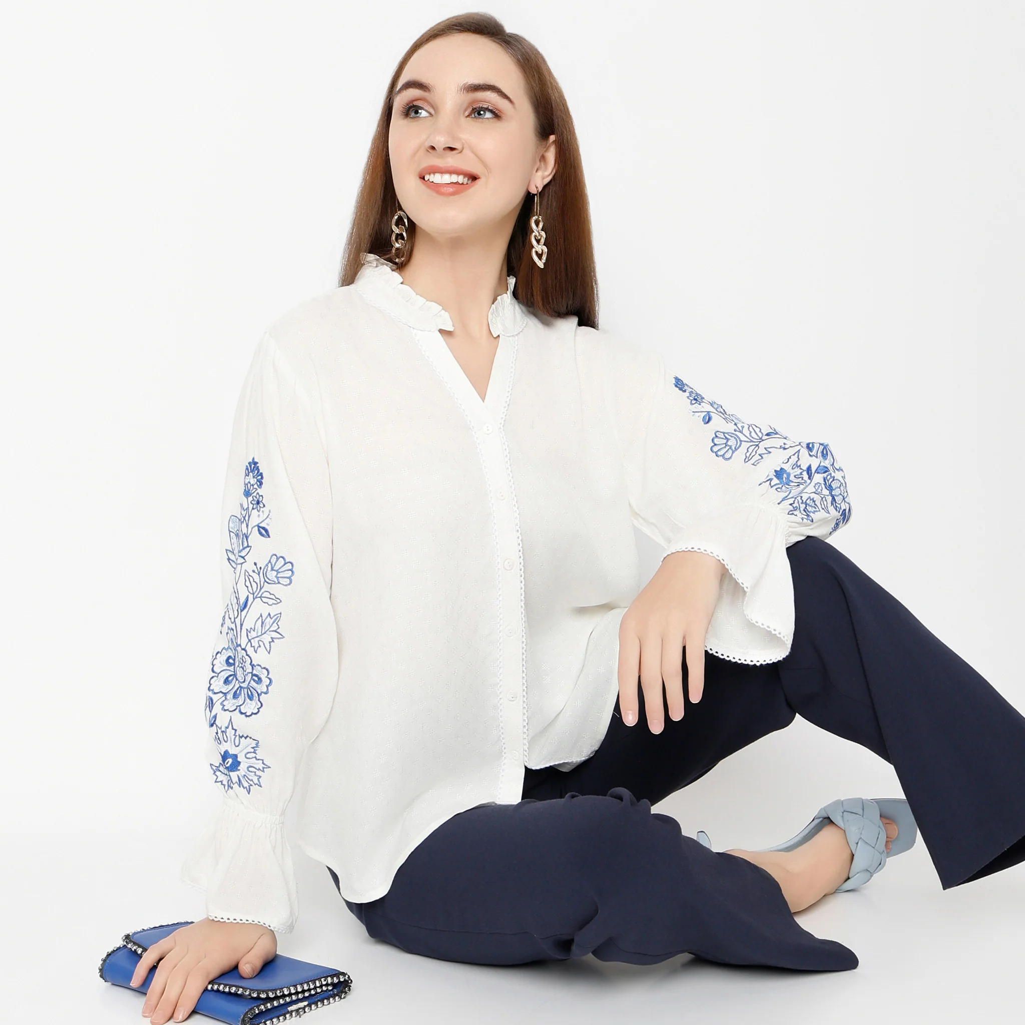 Band Neck Short Length Flared Full Sleeve Relaxed Fit Embroidered Top