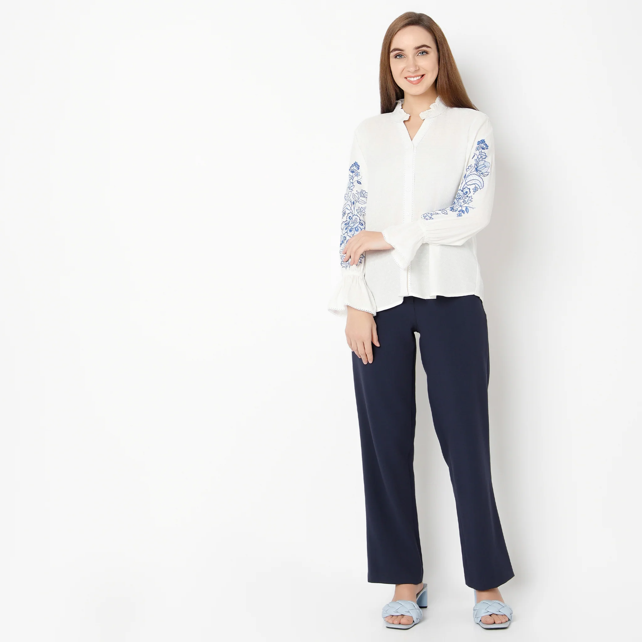 Band Neck Short Length Flared Full Sleeve Relaxed Fit Embroidered Top - Image 2