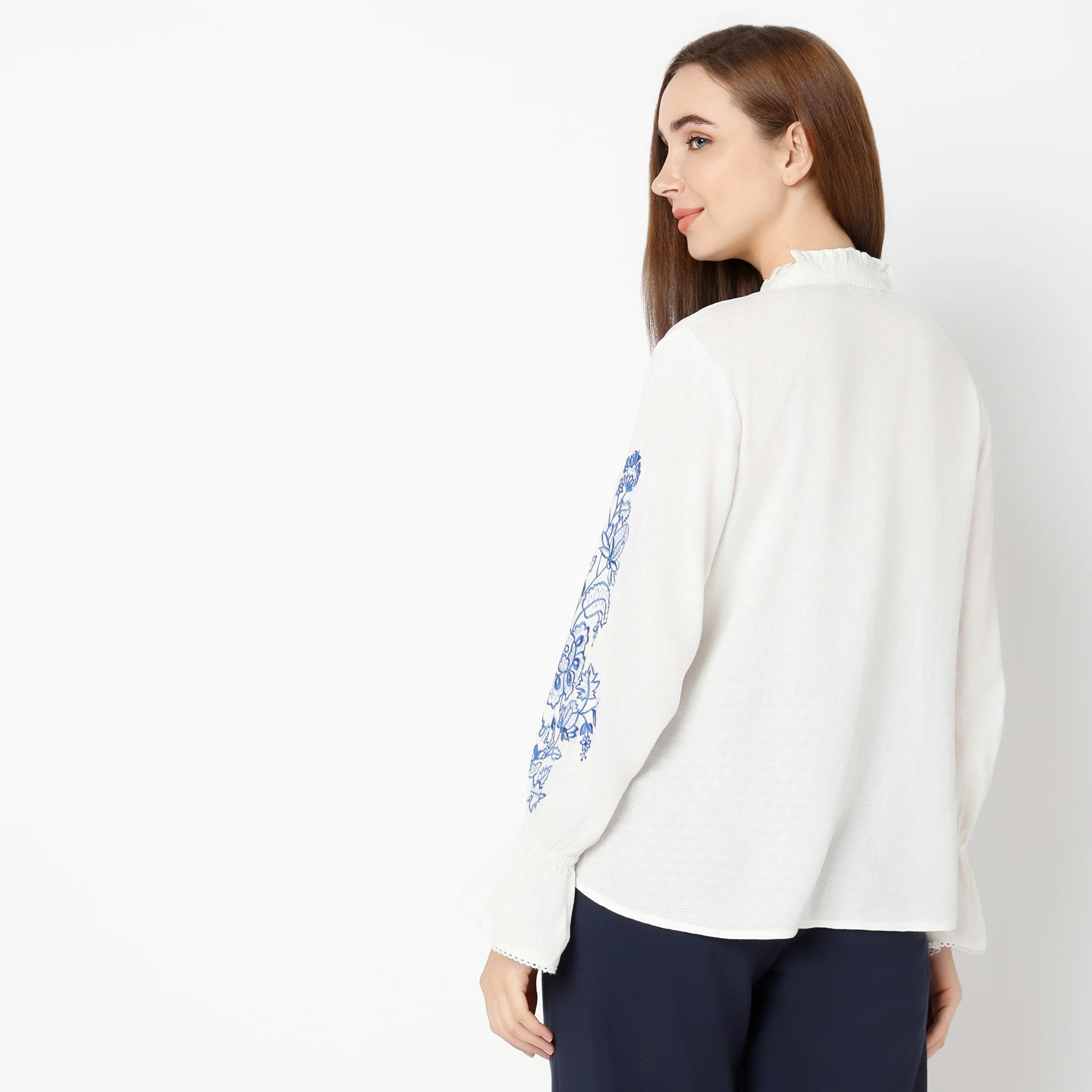 Band Neck Short Length Flared Full Sleeve Relaxed Fit Embroidered Top - Image 3
