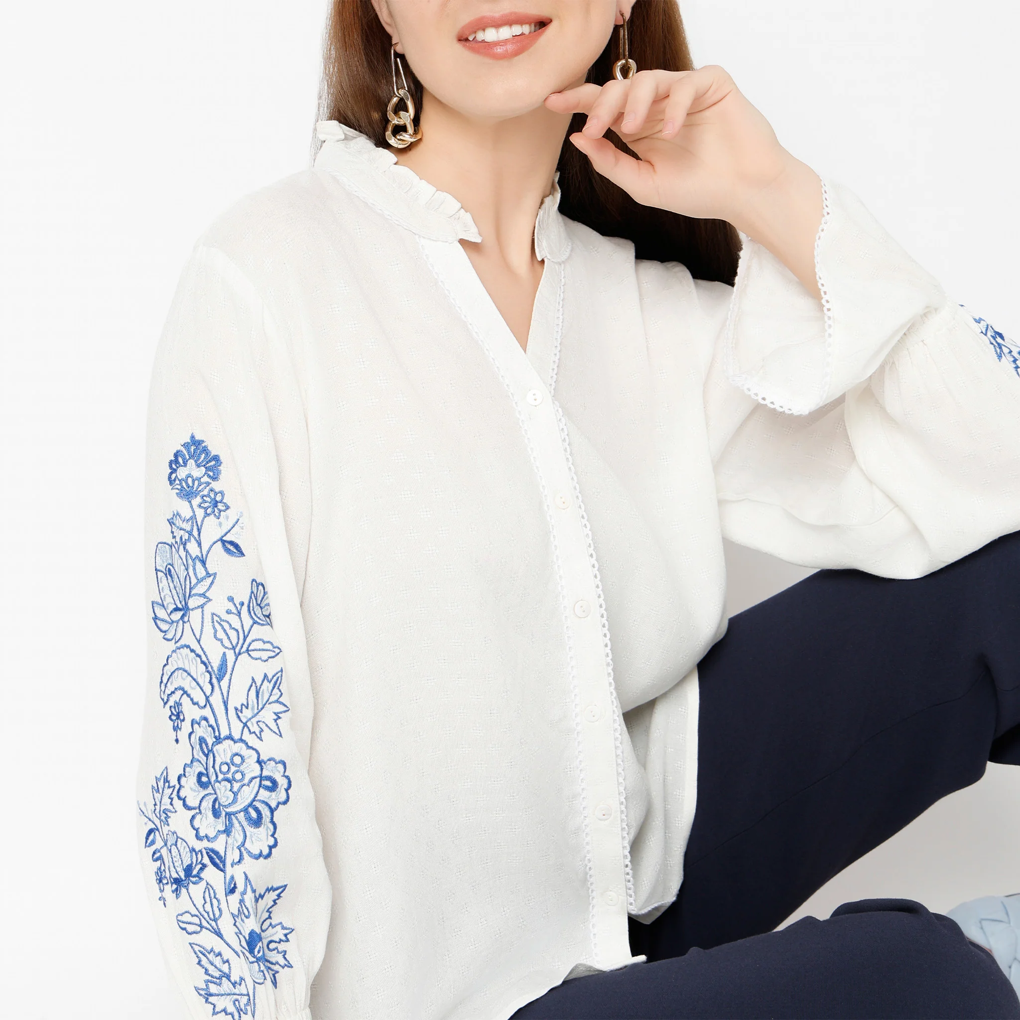 Band Neck Short Length Flared Full Sleeve Relaxed Fit Embroidered Top - Image 4