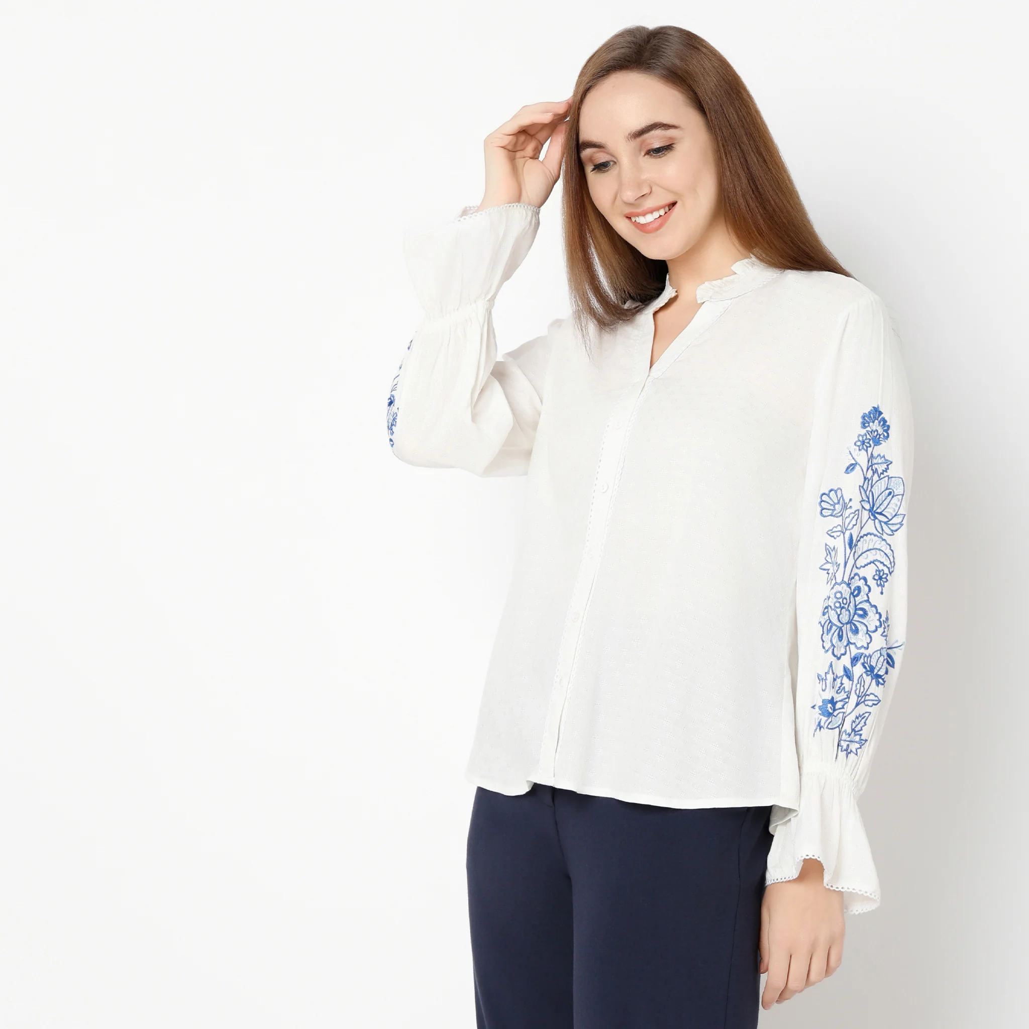 Band Neck Short Length Flared Full Sleeve Relaxed Fit Embroidered Top - Image 5