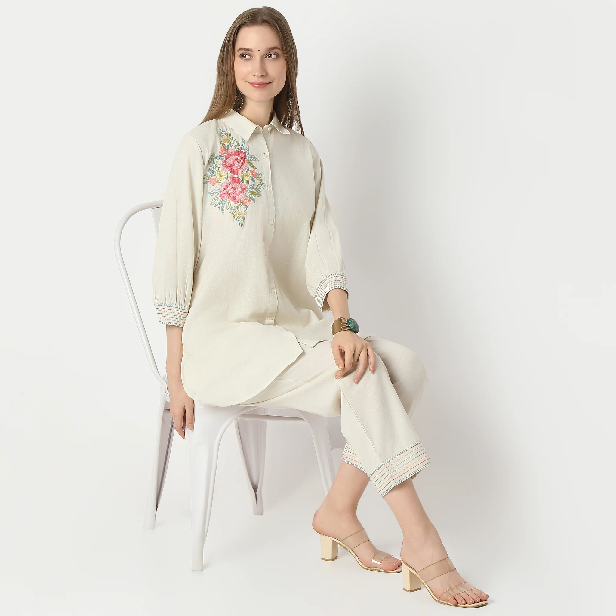 Relaxed Fit Embroidered Below Knee A-Line Tunic