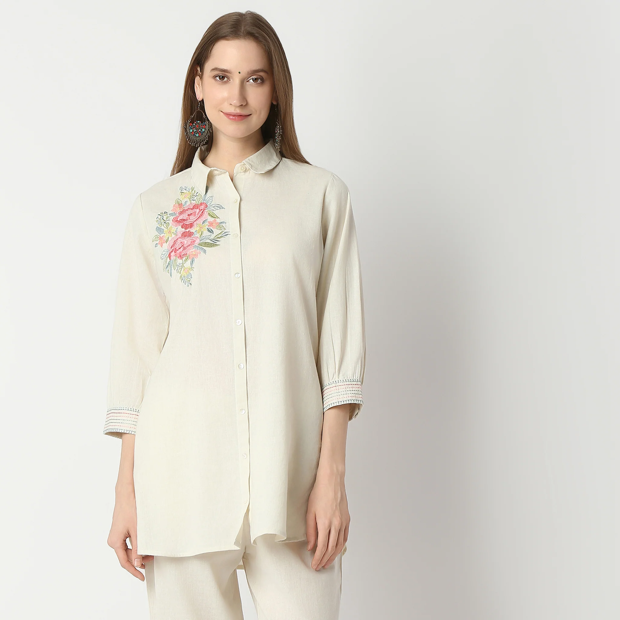 Relaxed Fit Embroidered Below Knee A-Line Tunic - Image 2