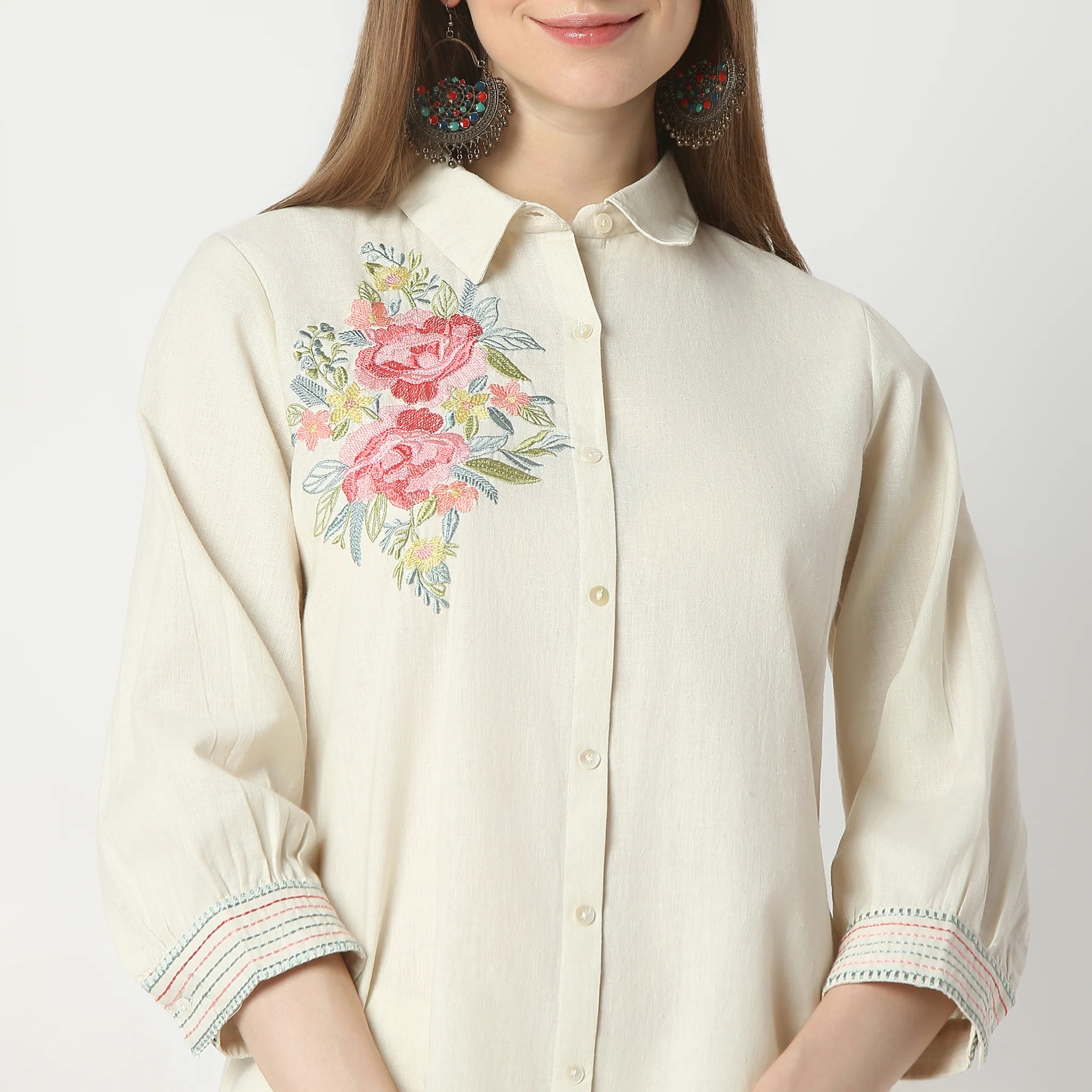 Relaxed Fit Embroidered Below Knee A-Line Tunic - Image 4