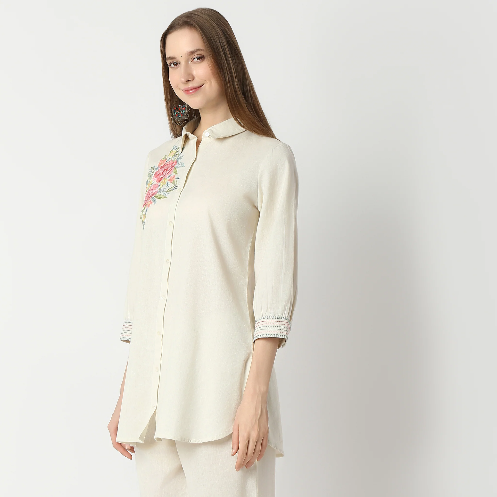 Relaxed Fit Embroidered Below Knee A-Line Tunic - Image 5