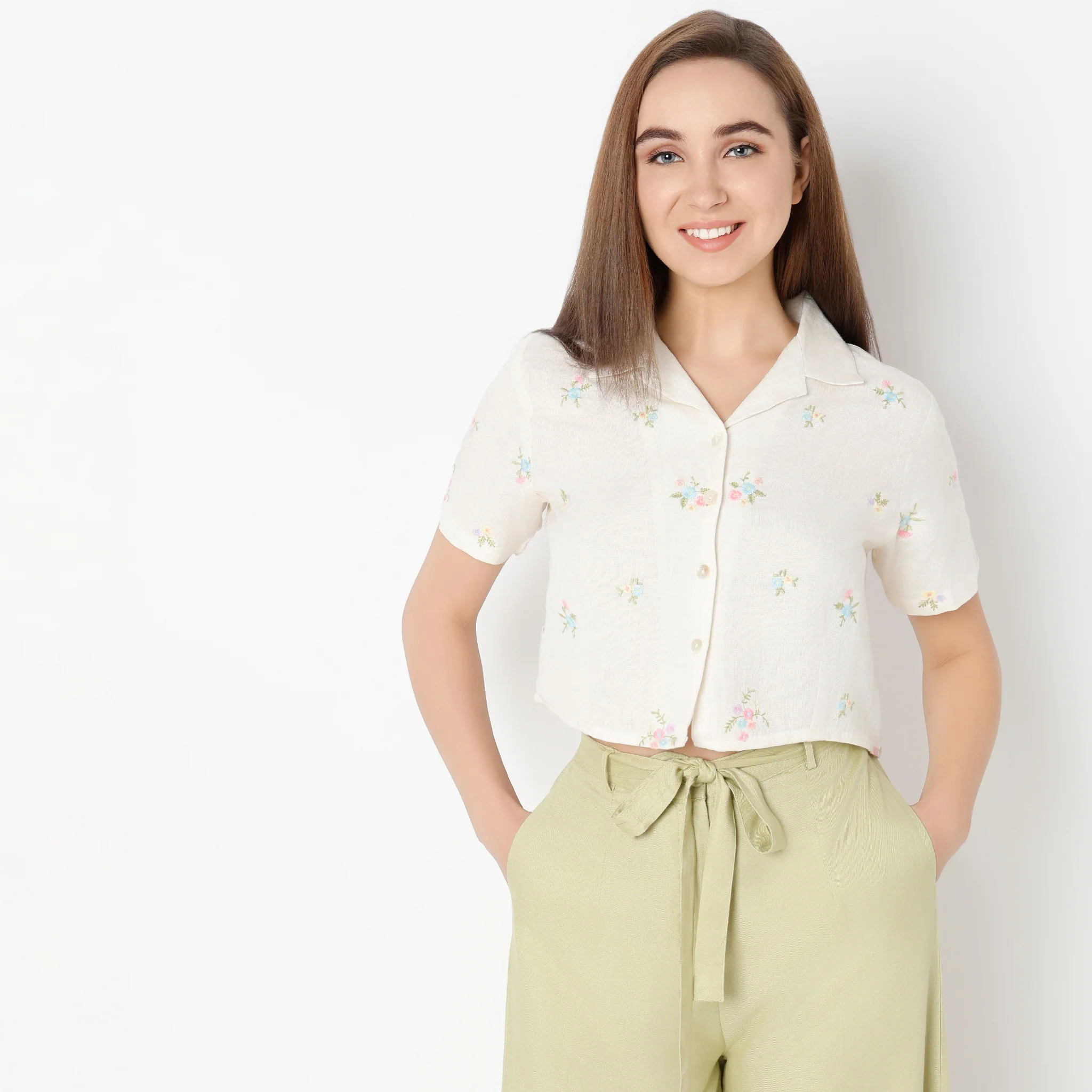 Camp Collar Short Sleeve Relaxed Fit Embroidered Crop Top - Image 2