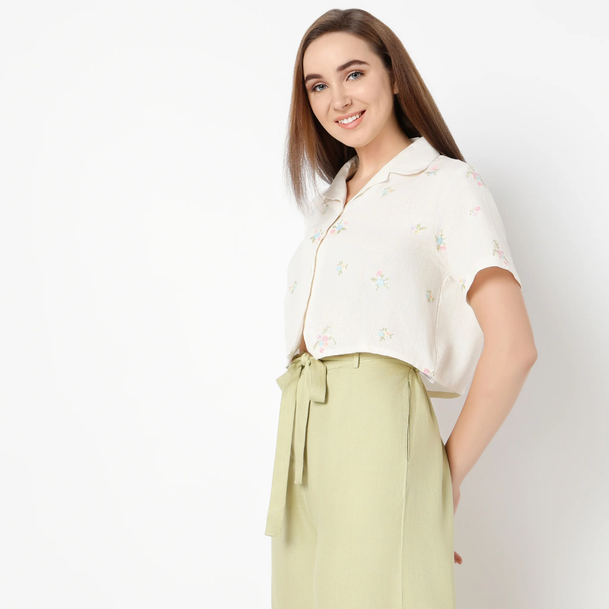 Camp Collar Short Sleeve Relaxed Fit Embroidered Crop Top - Image 5