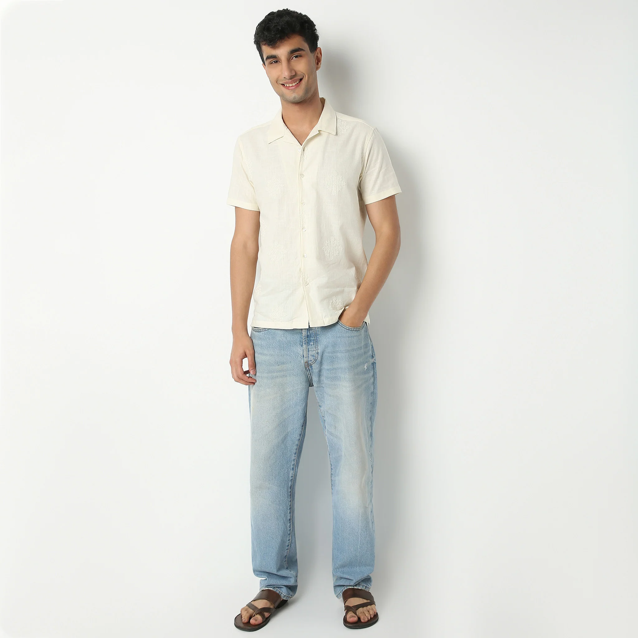 Camp Collar Half Sleeve Relaxed Fit Cuban Embroidered Shirt