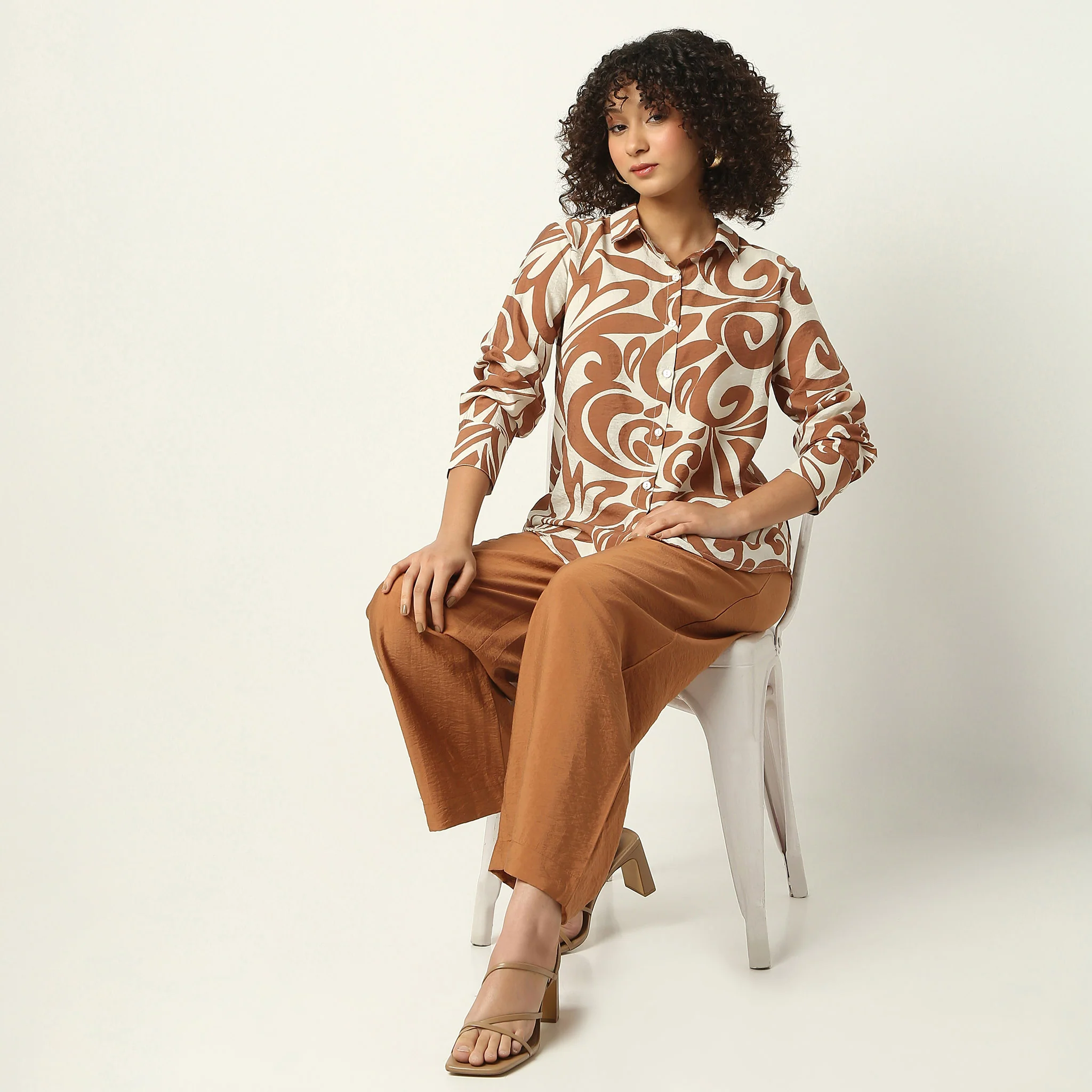 Shirt Collar Short Length Full Sleeve Relaxed Fit Printed Tunic