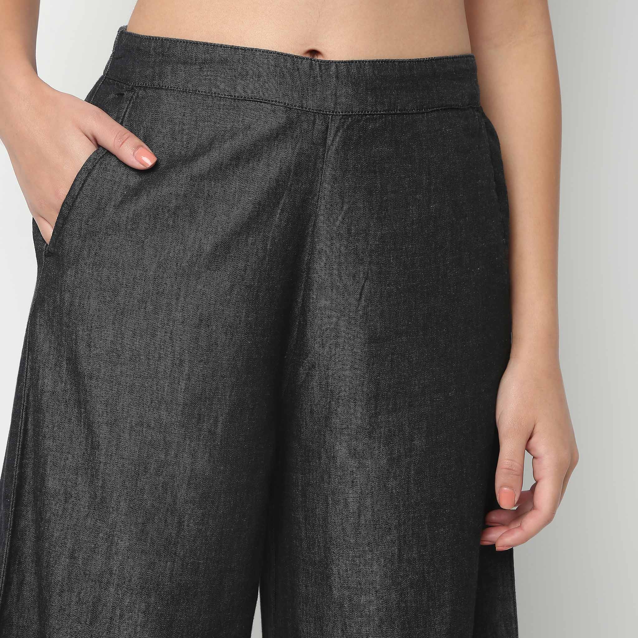 Ankle Length Relaxed Fit High Rise Solid Palazzos - Image 4