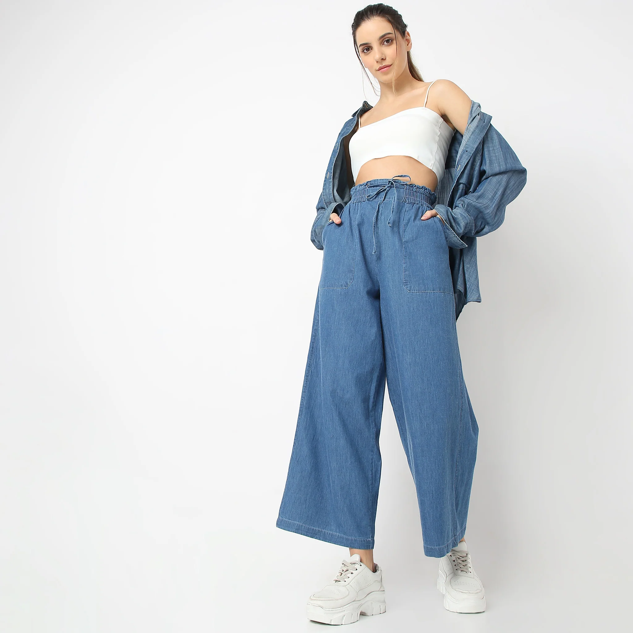 Relaxed Fit Ankle Length High Rise Denim Pull On Palazzos