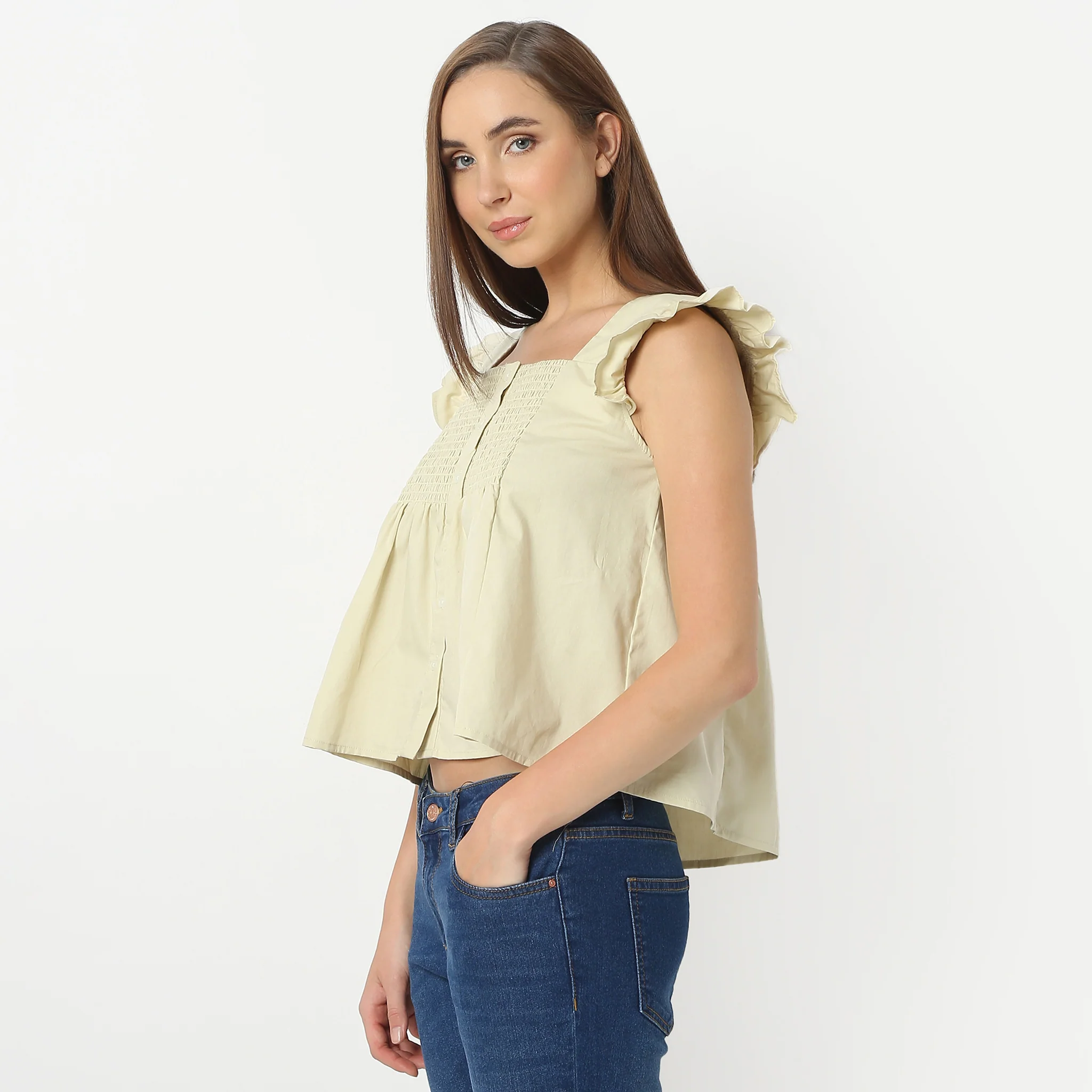 Relaxed Fit Square Neck Sleeveless Mock Front Placket Top - Image 5