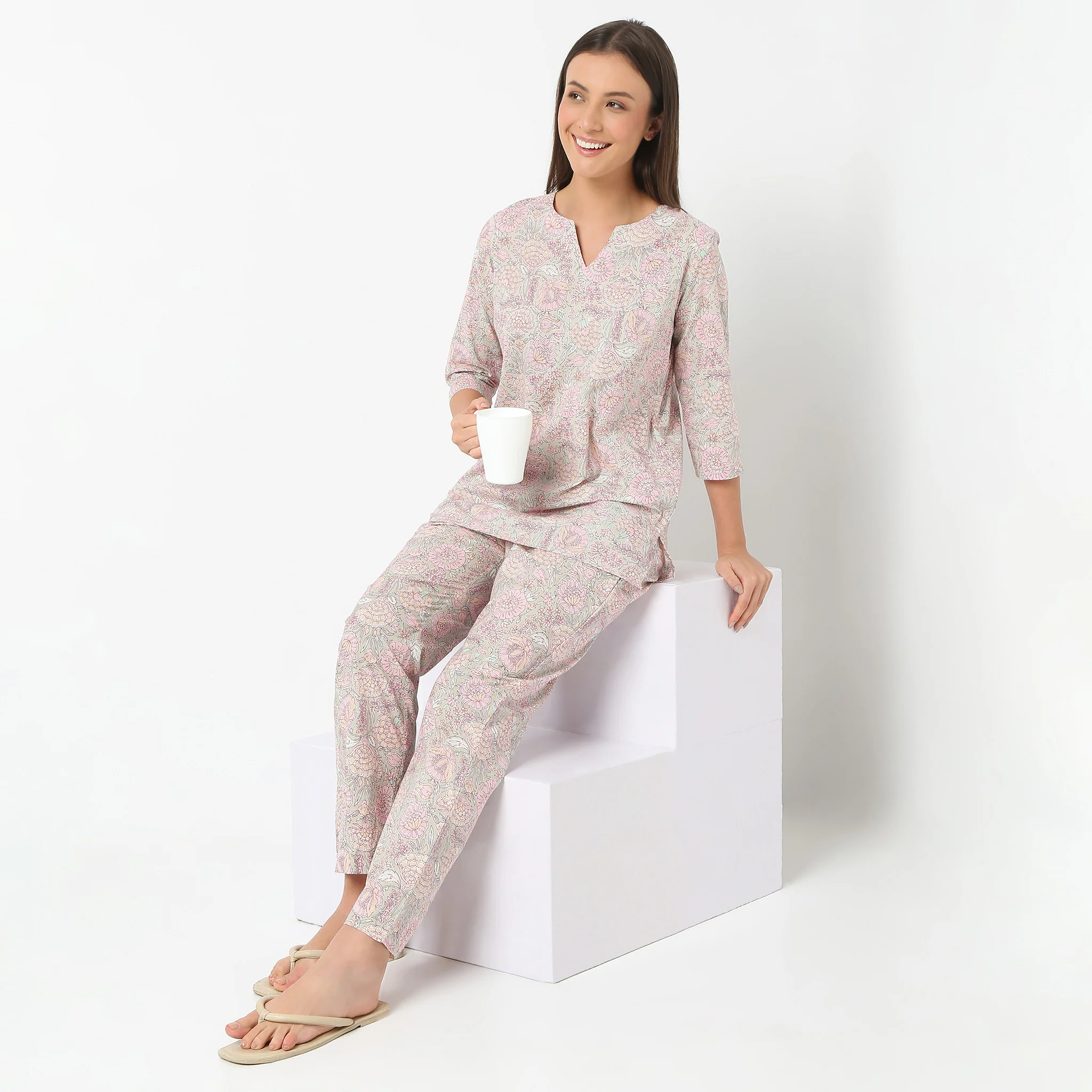 Round Neck Three-Fourth Sleeve Printed Jaipuri Top With Pyjama Sleepwear Set