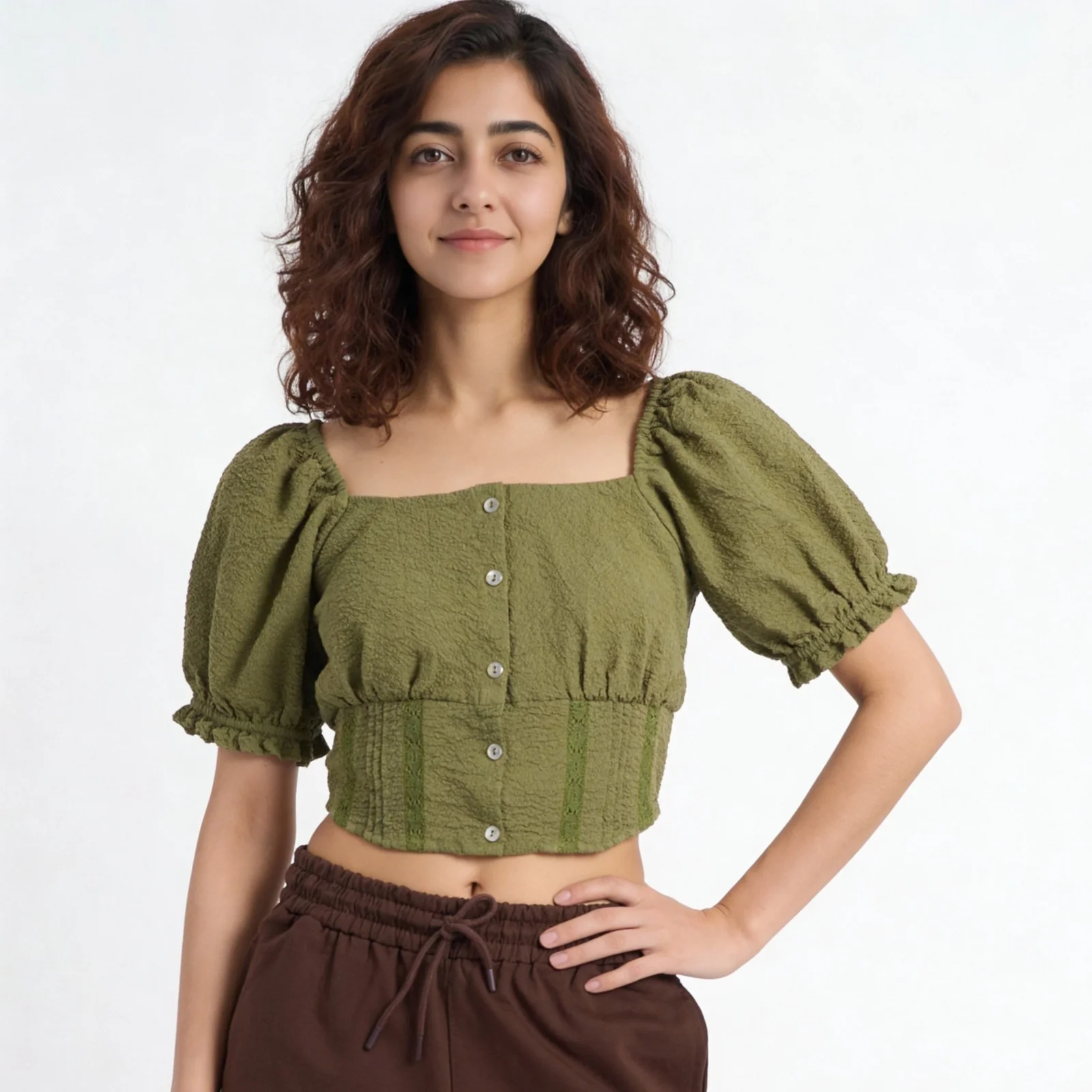 Scoop Neck Crop Top with Smocking Pattern - Image 2