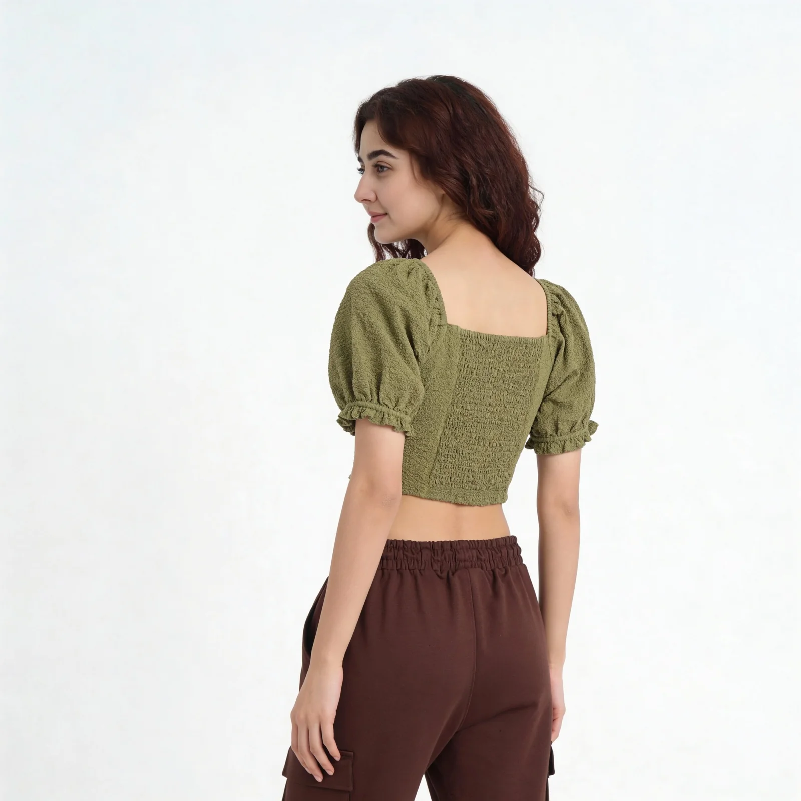 Scoop Neck Crop Top with Smocking Pattern - Image 3