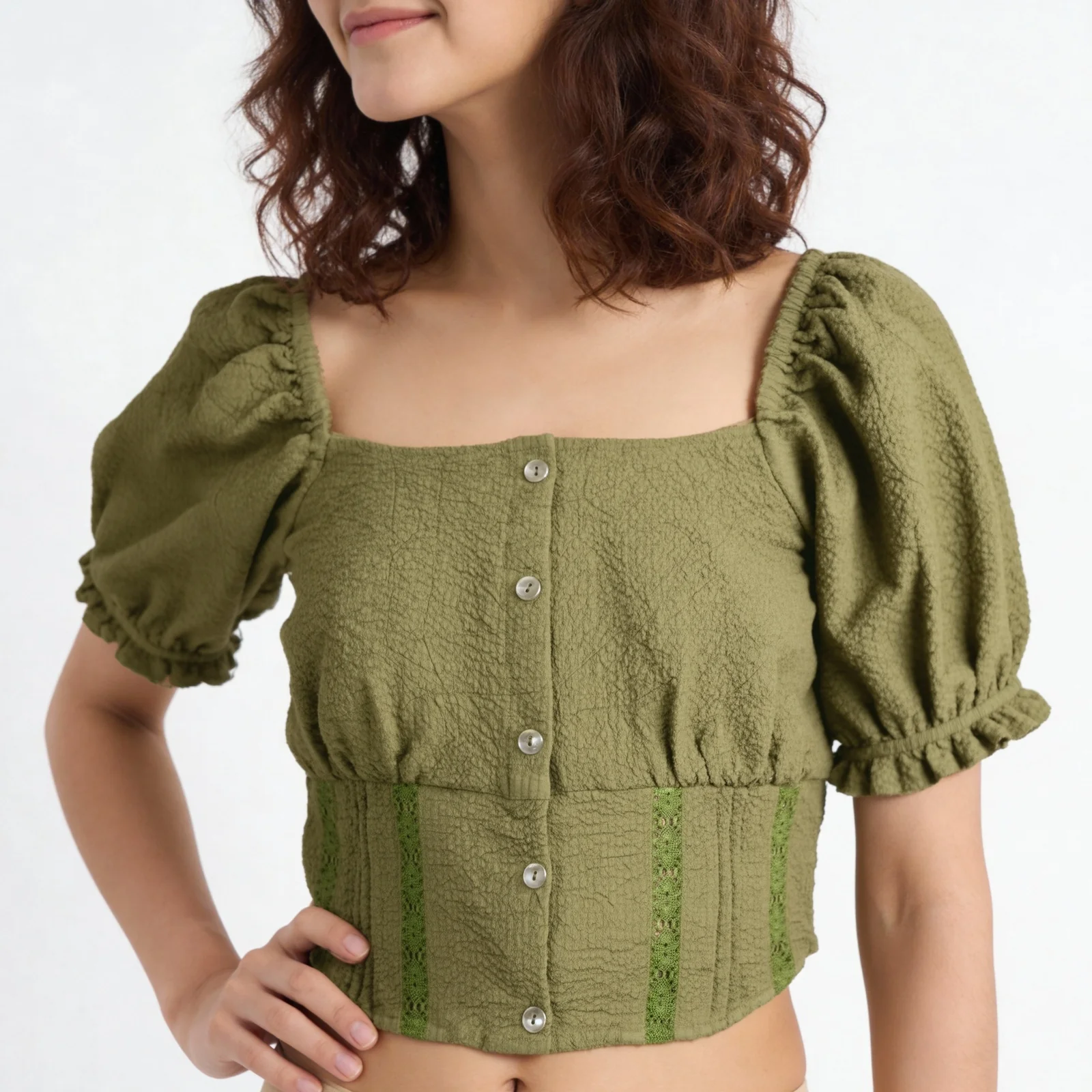 Scoop Neck Crop Top with Smocking Pattern - Image 4