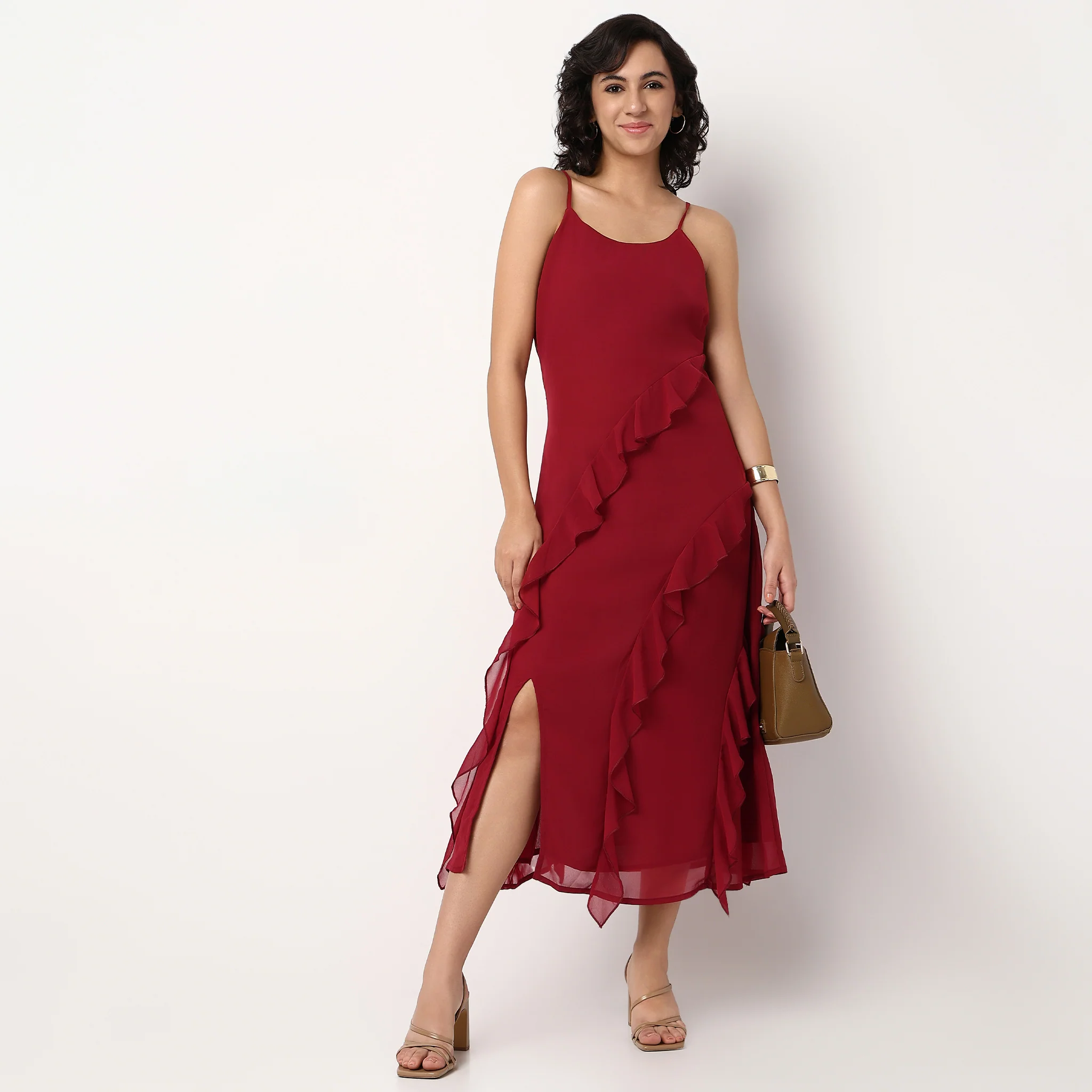 Scoop Neck Flared Strapy Dress With Ruffle Detail