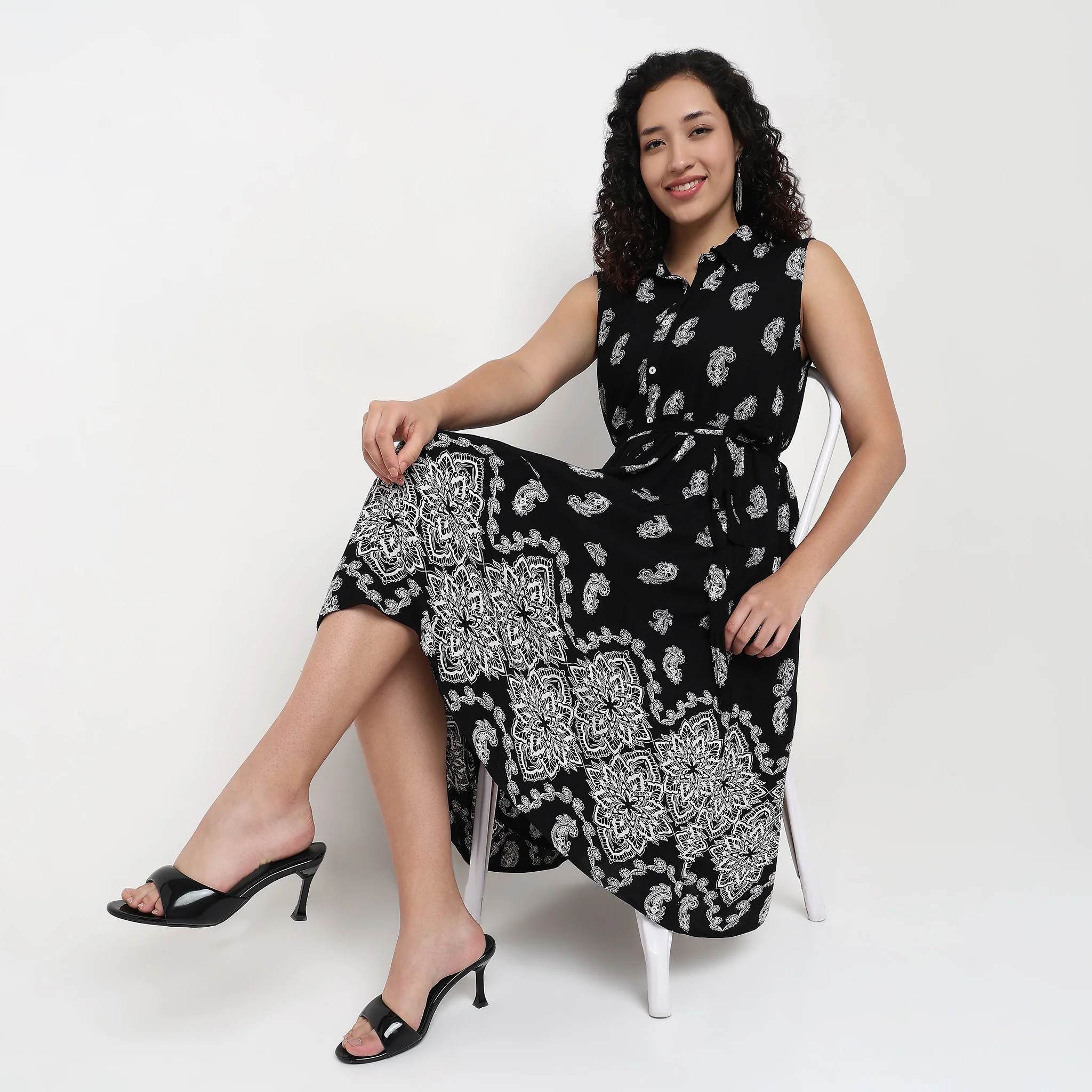 Shirt Collar Sleeveless Tiered Dress