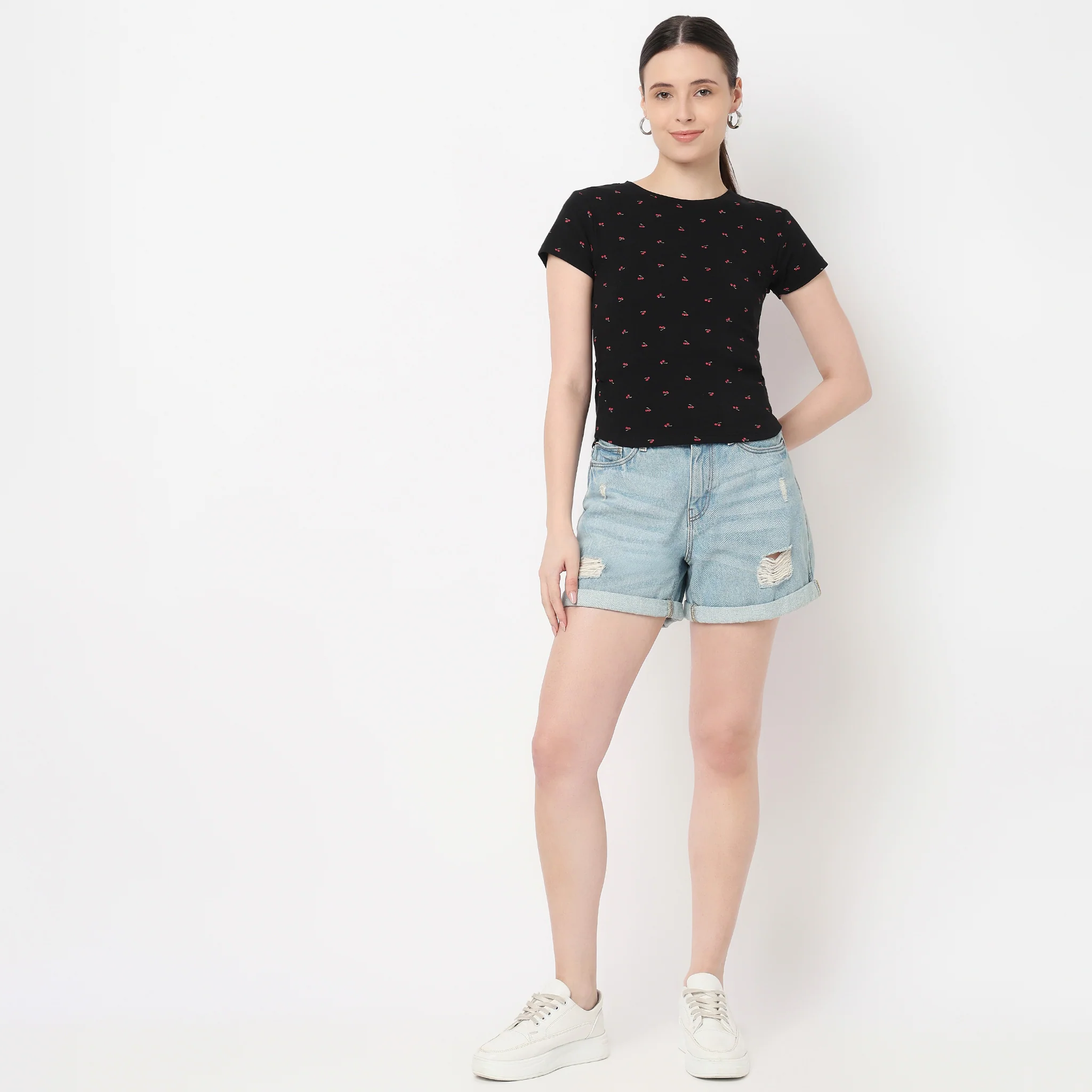 Side Ruching All Over Print Cherry Print Tee