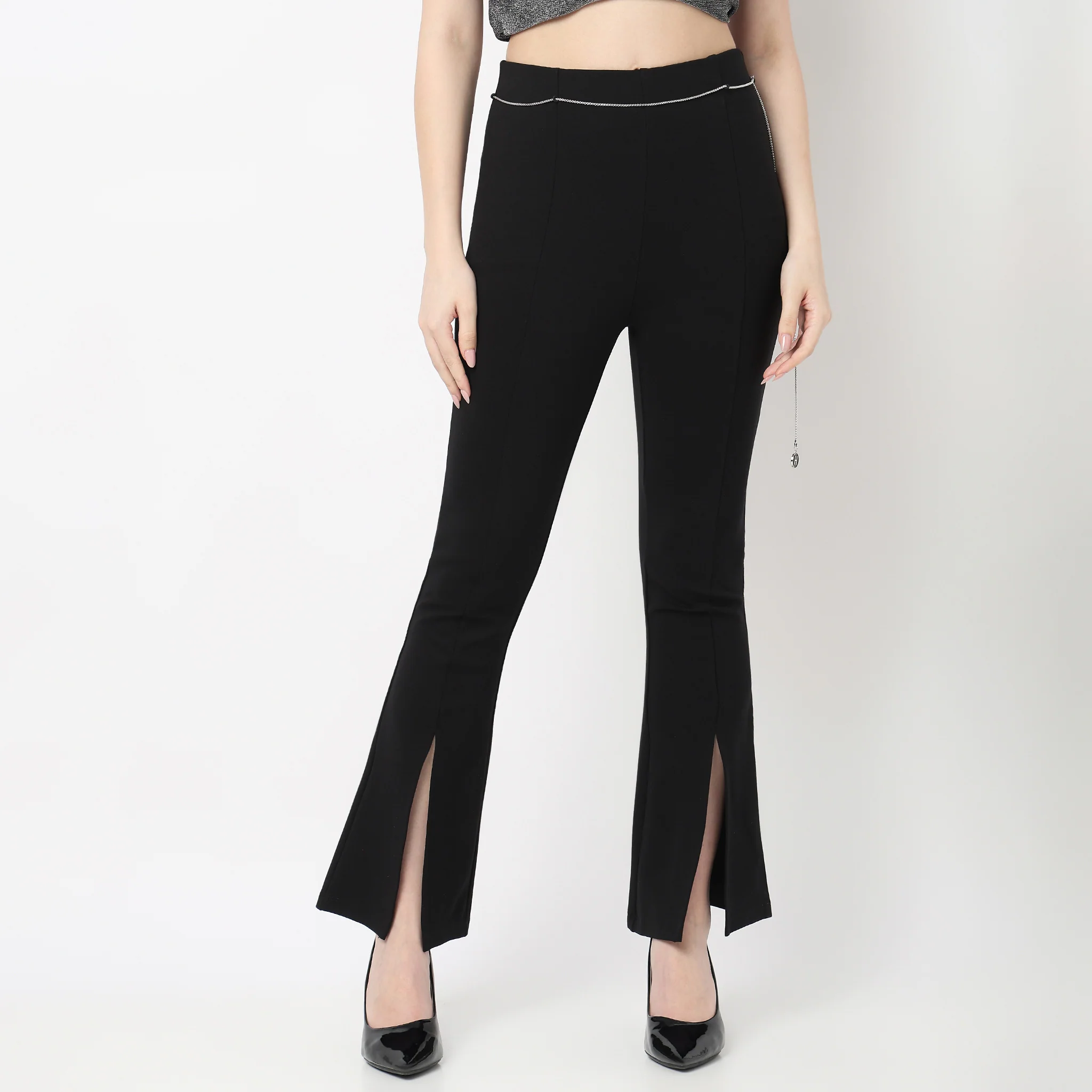 Silver Metal Chain On Waist And Centre Slit At Hem Detail Pant - Image 2