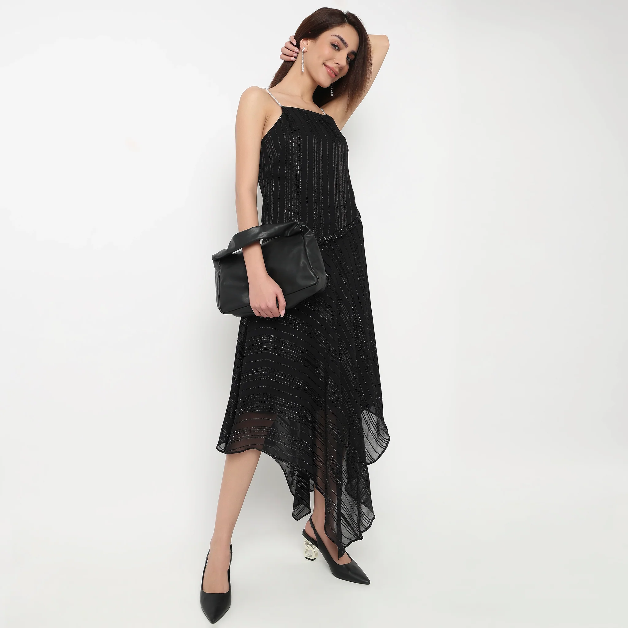 Silver Striped Dress With Rhinestone Strap