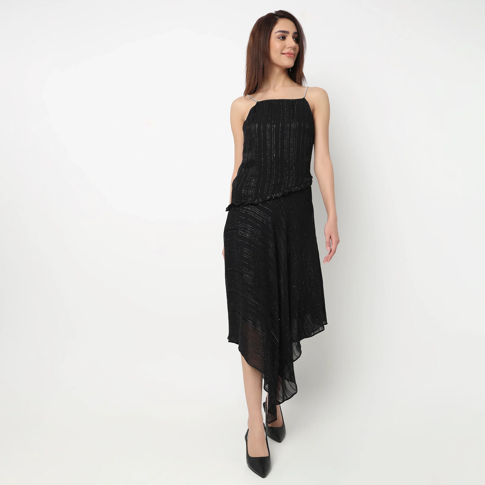 Silver Striped Dress With Rhinestone Strap - Image 2