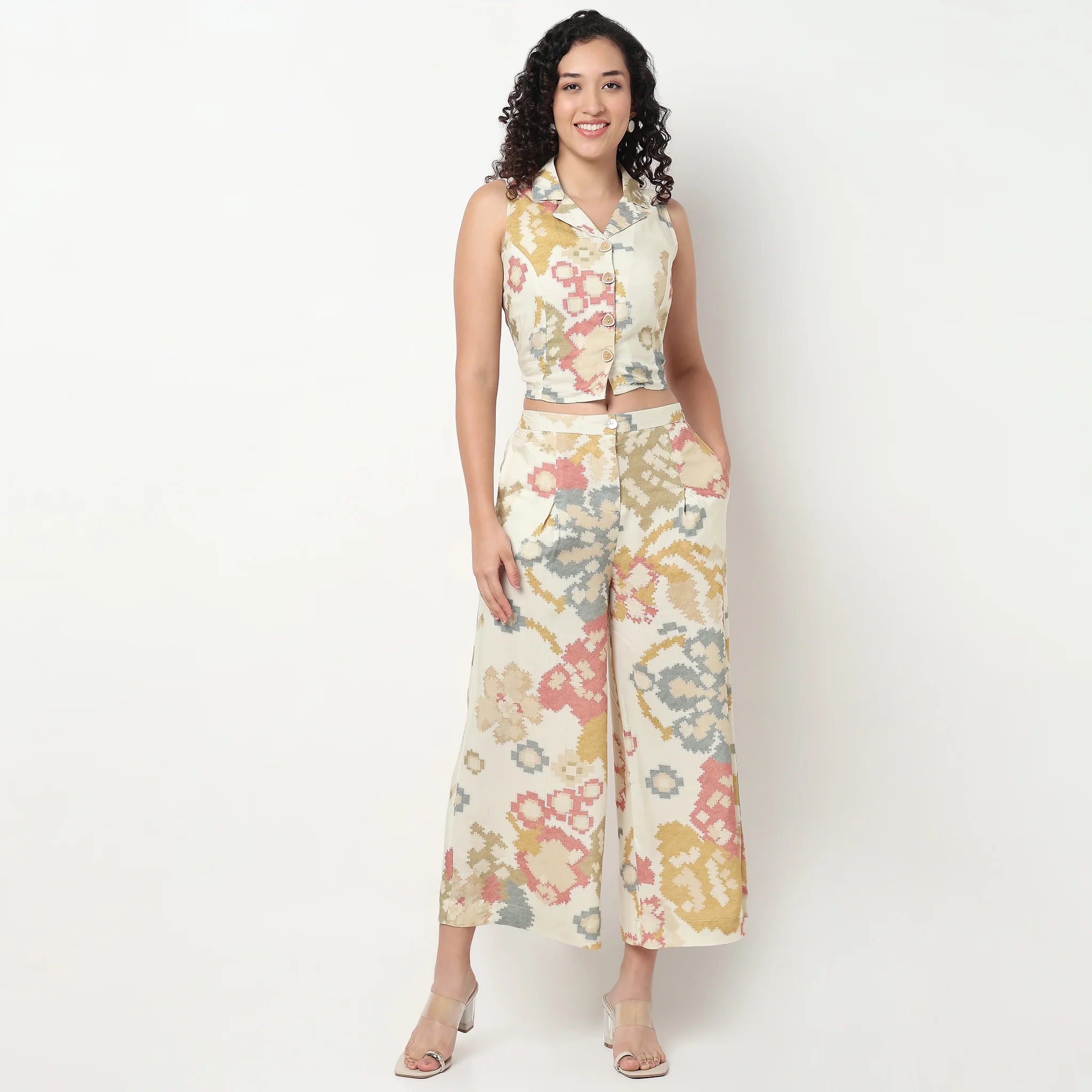 Printed Lapel Collar Crop Top