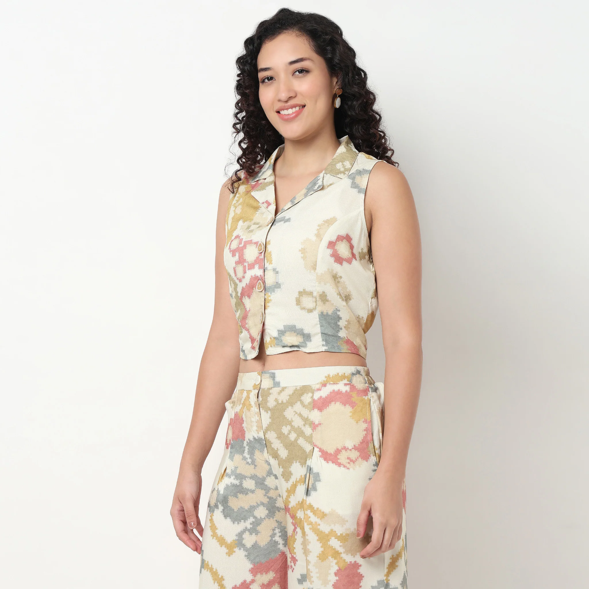 Printed Lapel Collar Crop Top - Image 5