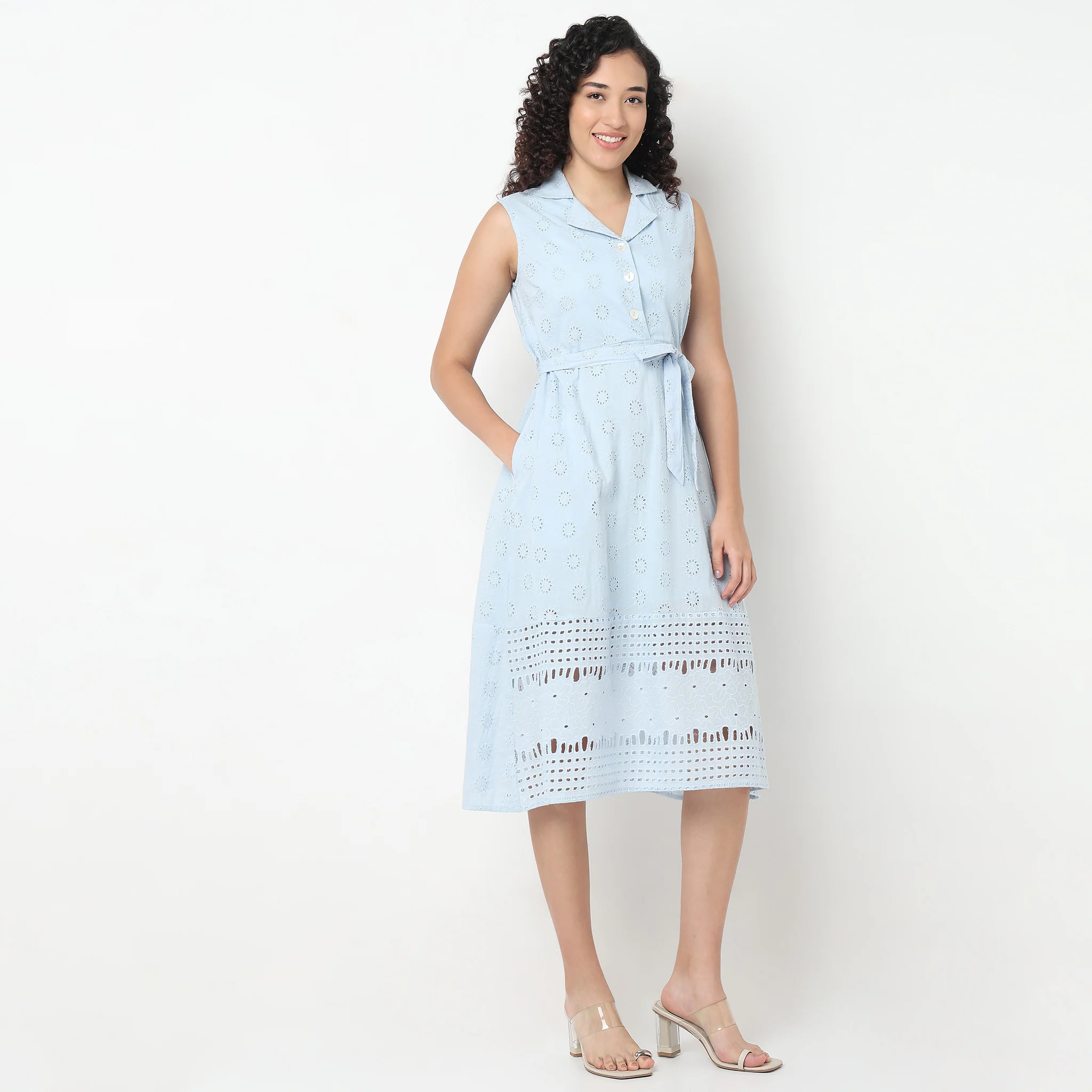 Lapel Collar Schiffli Flared Dress - Image 5