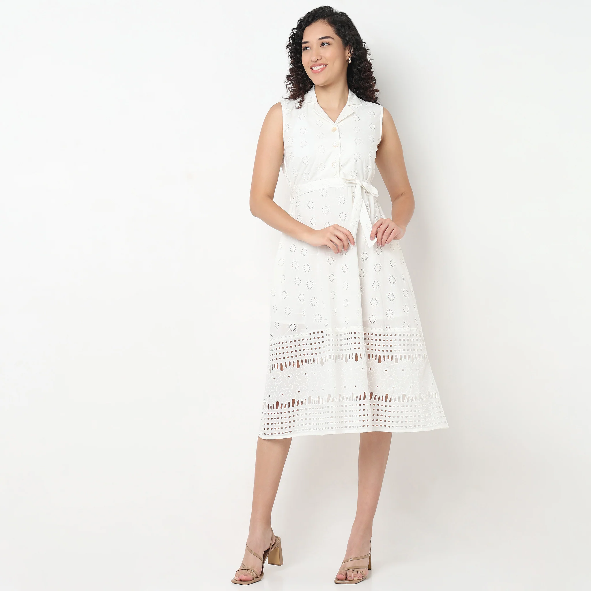 Lapel Collar Schiffli Flared Dress - Image 7