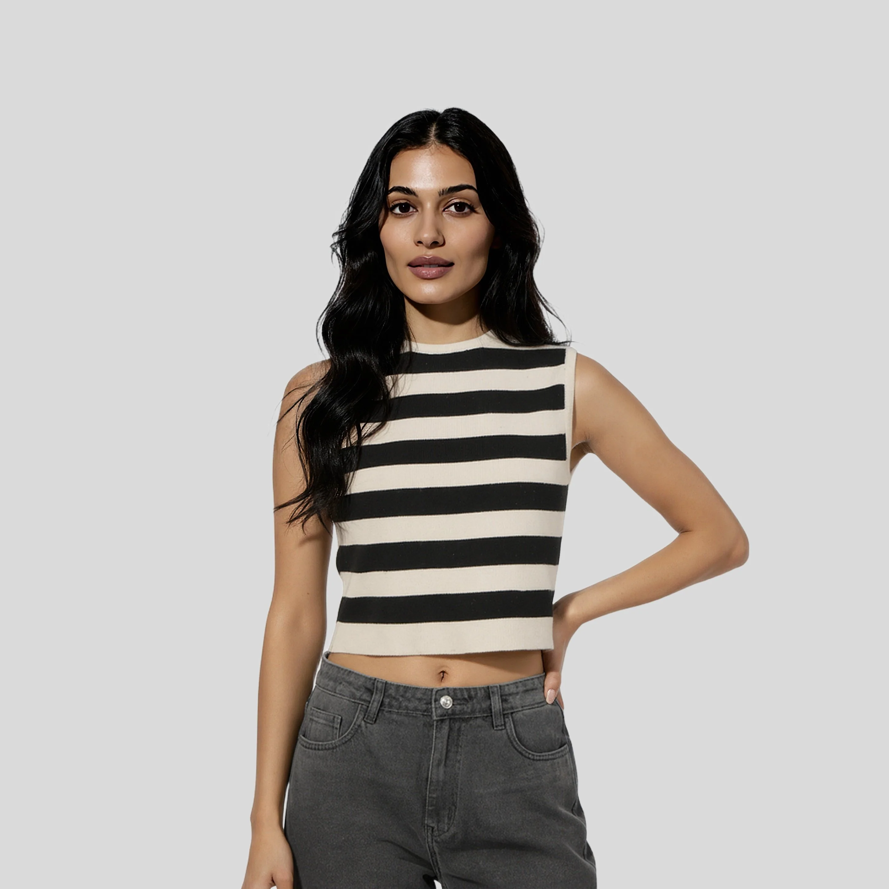 Sleeveless Striped Flat Knit Sweater - Image 2