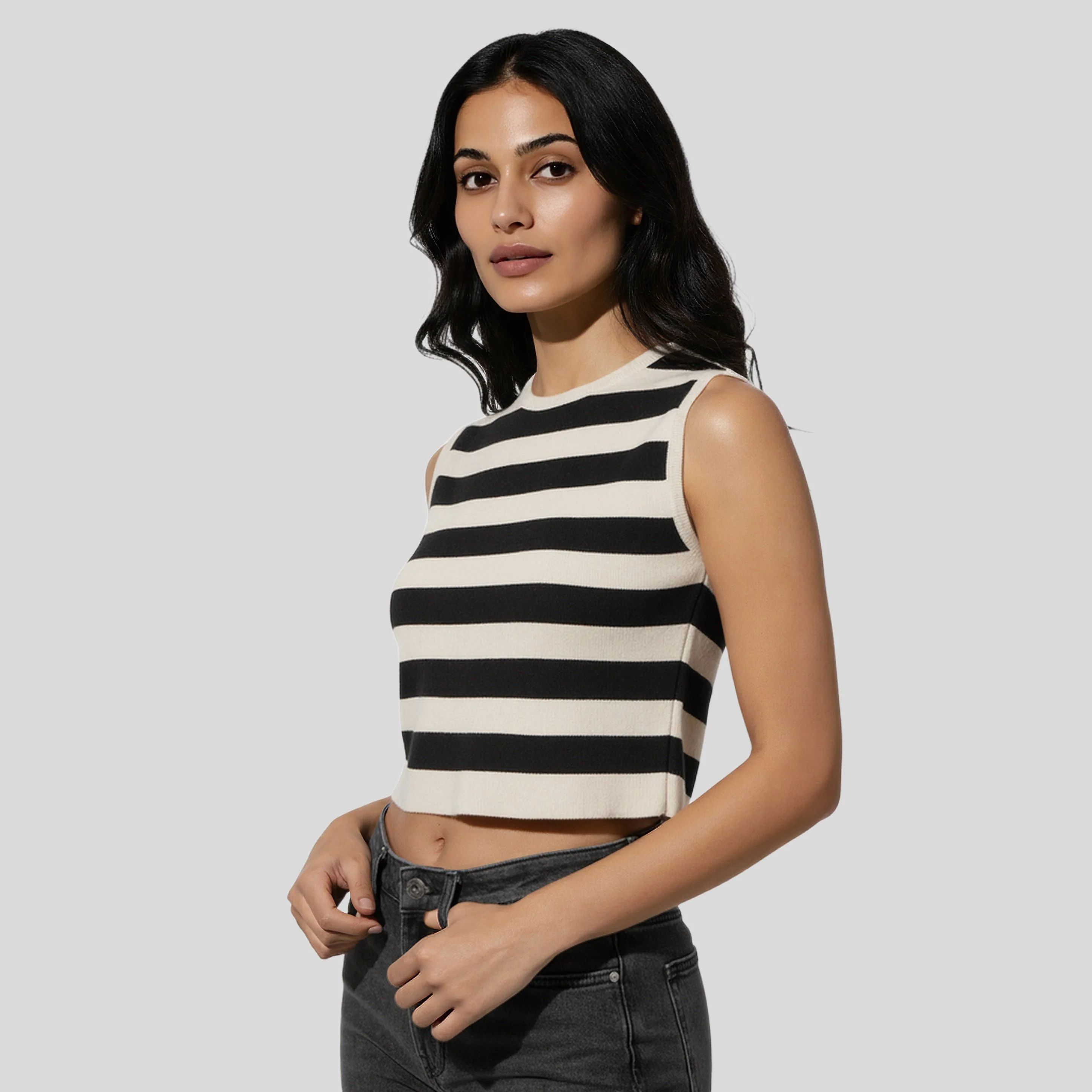 Sleeveless Striped Flat Knit Sweater - Image 5