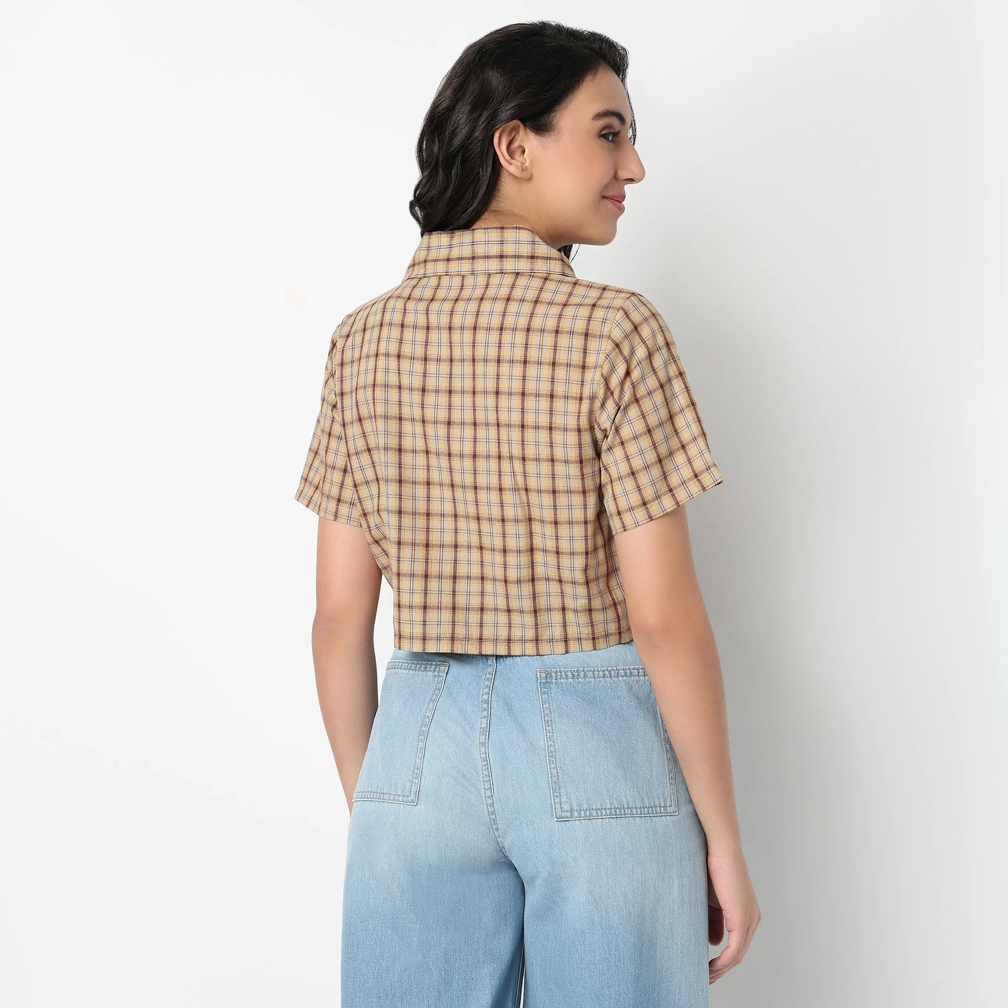 Slim Fit Checkered Cropped Shirt - Image 3