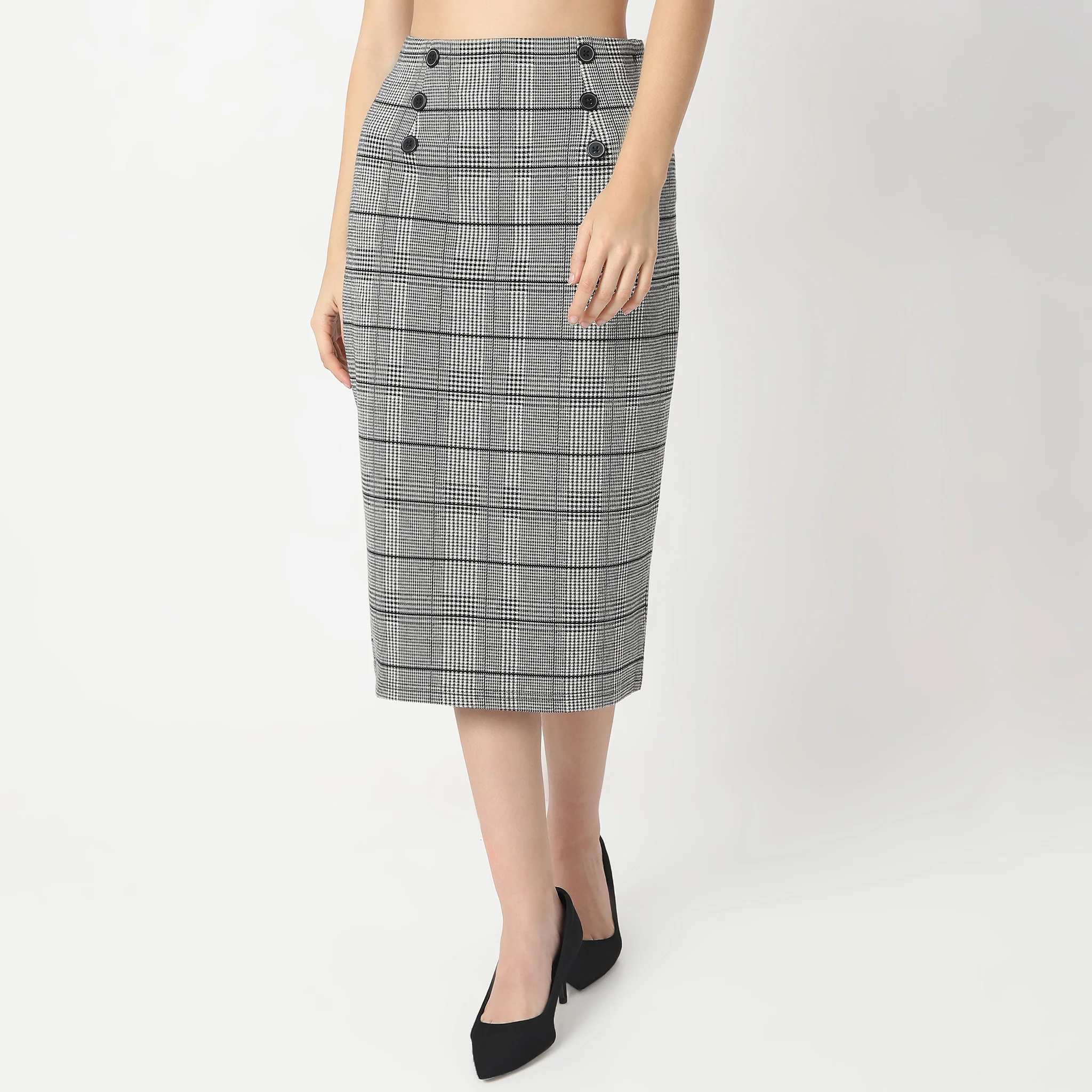 Slim Fit Checkered Knee Length Betty High Rise Skirt - Image 2