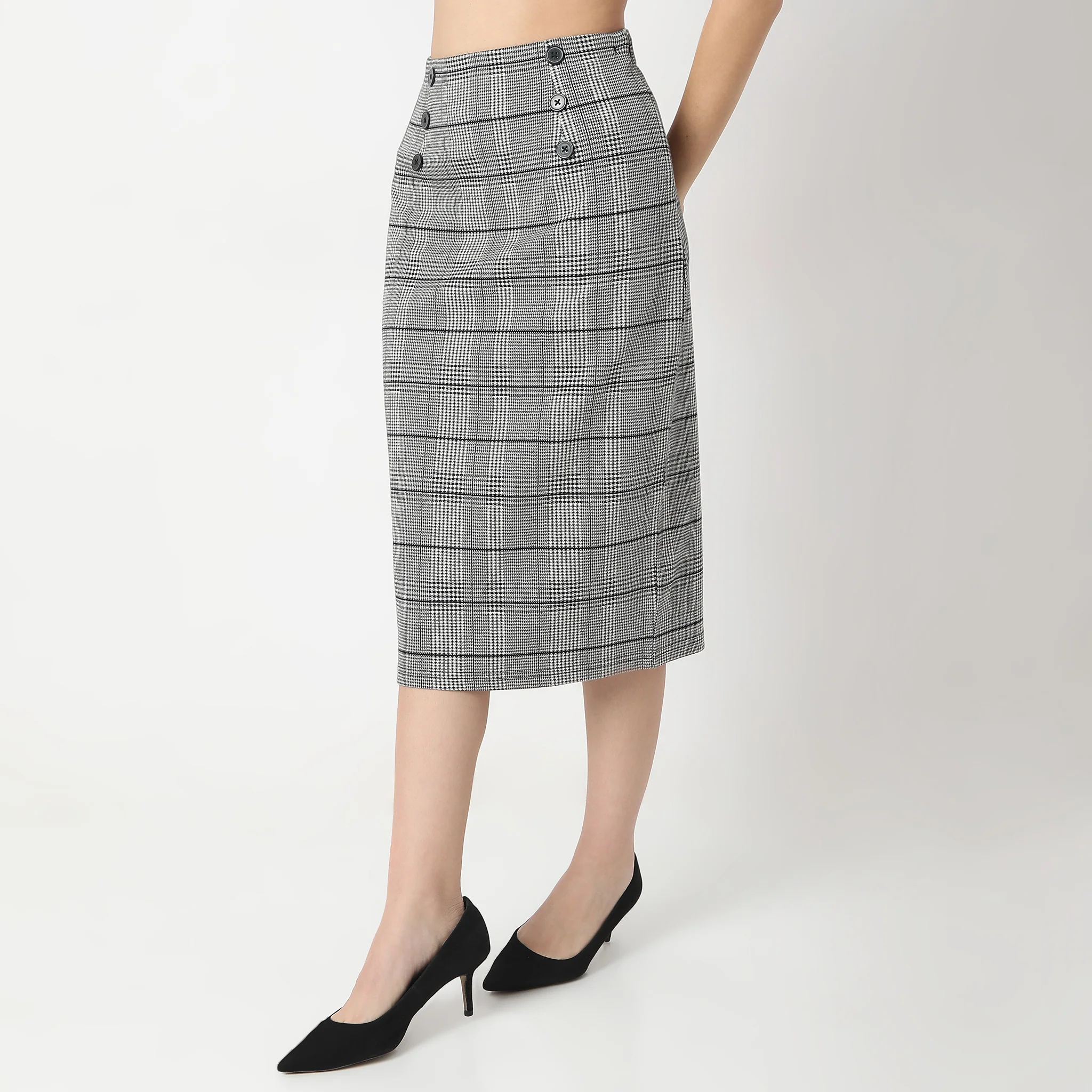 Slim Fit Checkered Knee Length Betty High Rise Skirt - Image 5