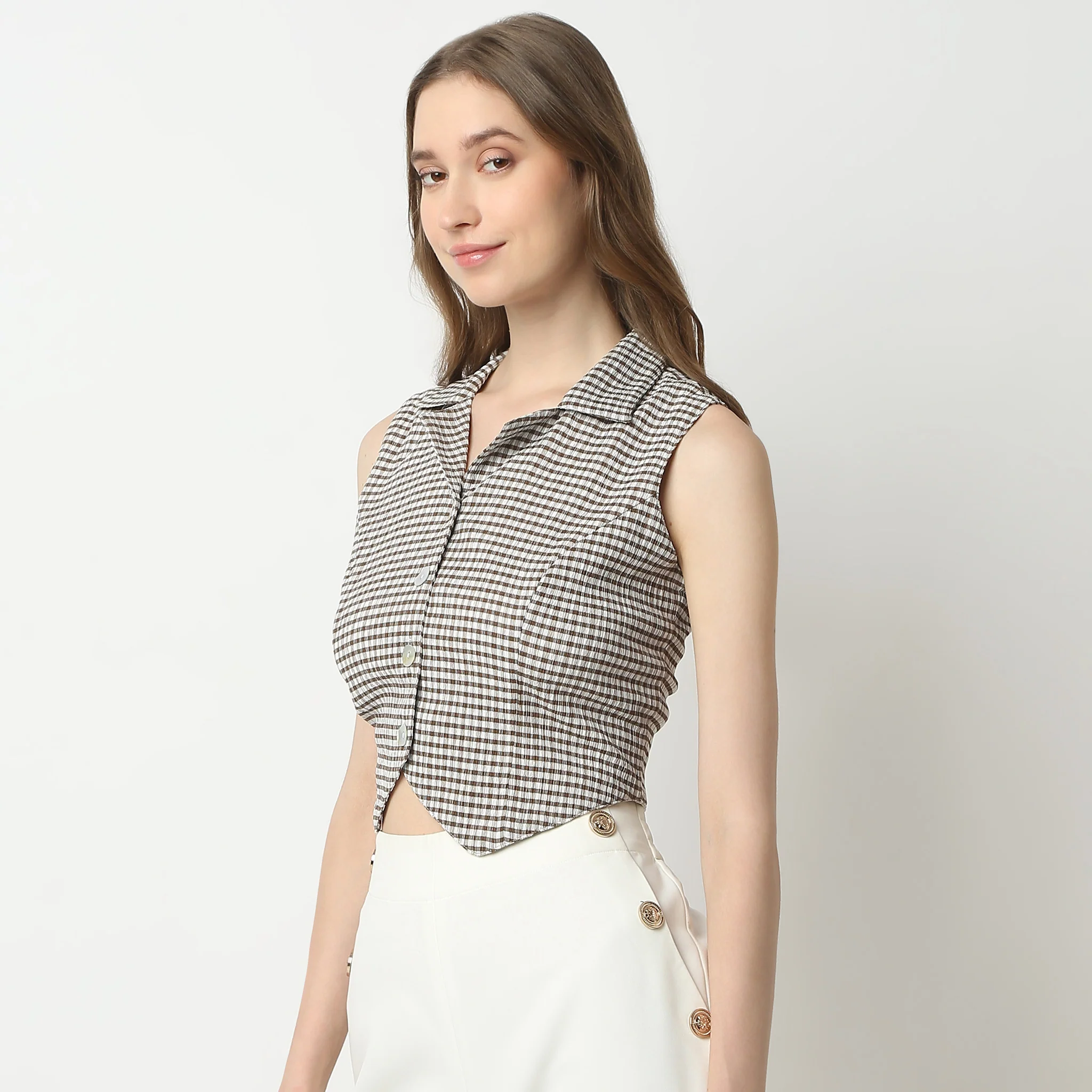 Slim Fit Checkered Sleeveless Lapel Collar Shirt - Image 4