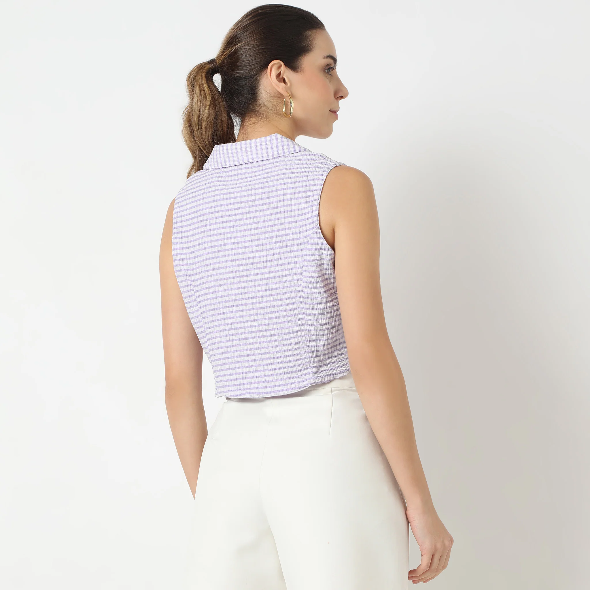 Slim Fit Checkered Sleeveless Lapel Collar Shirt - Image 8