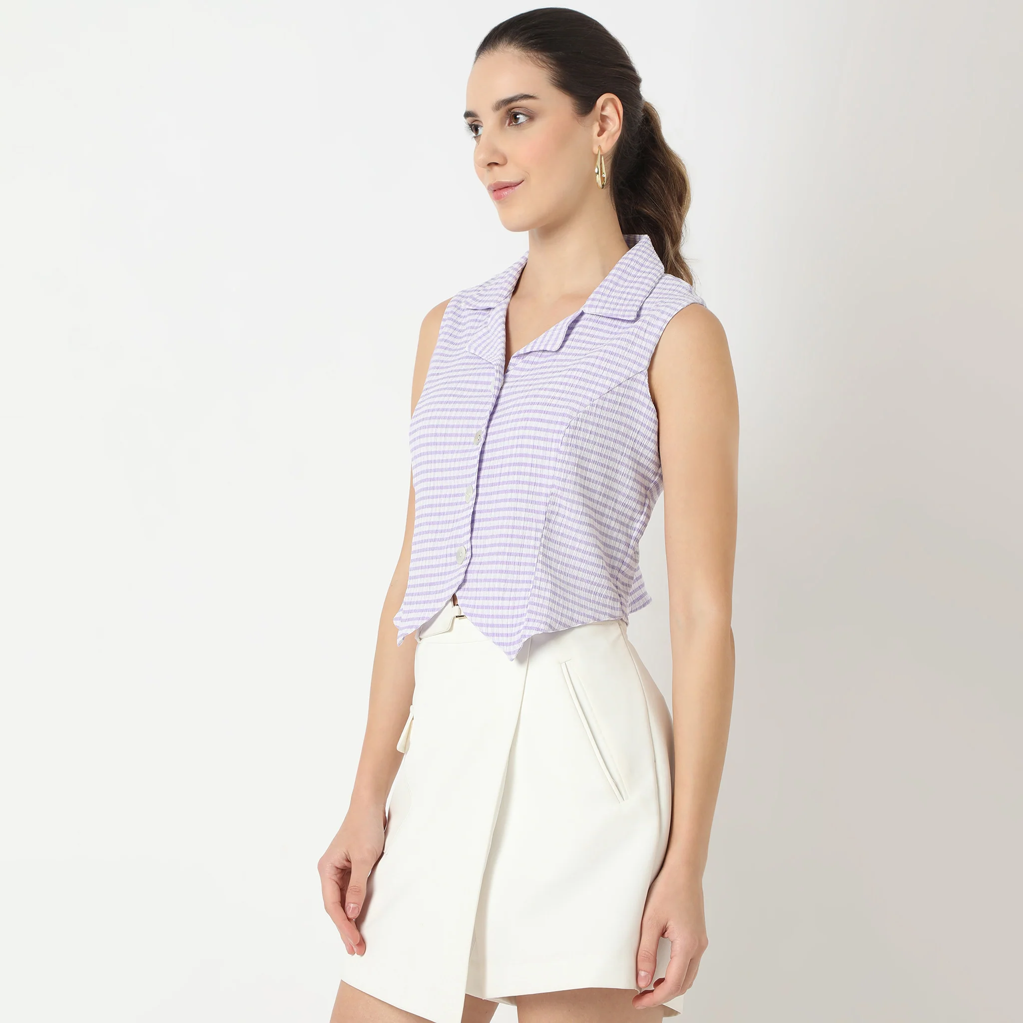 Slim Fit Checkered Sleeveless Lapel Collar Shirt - Image 9