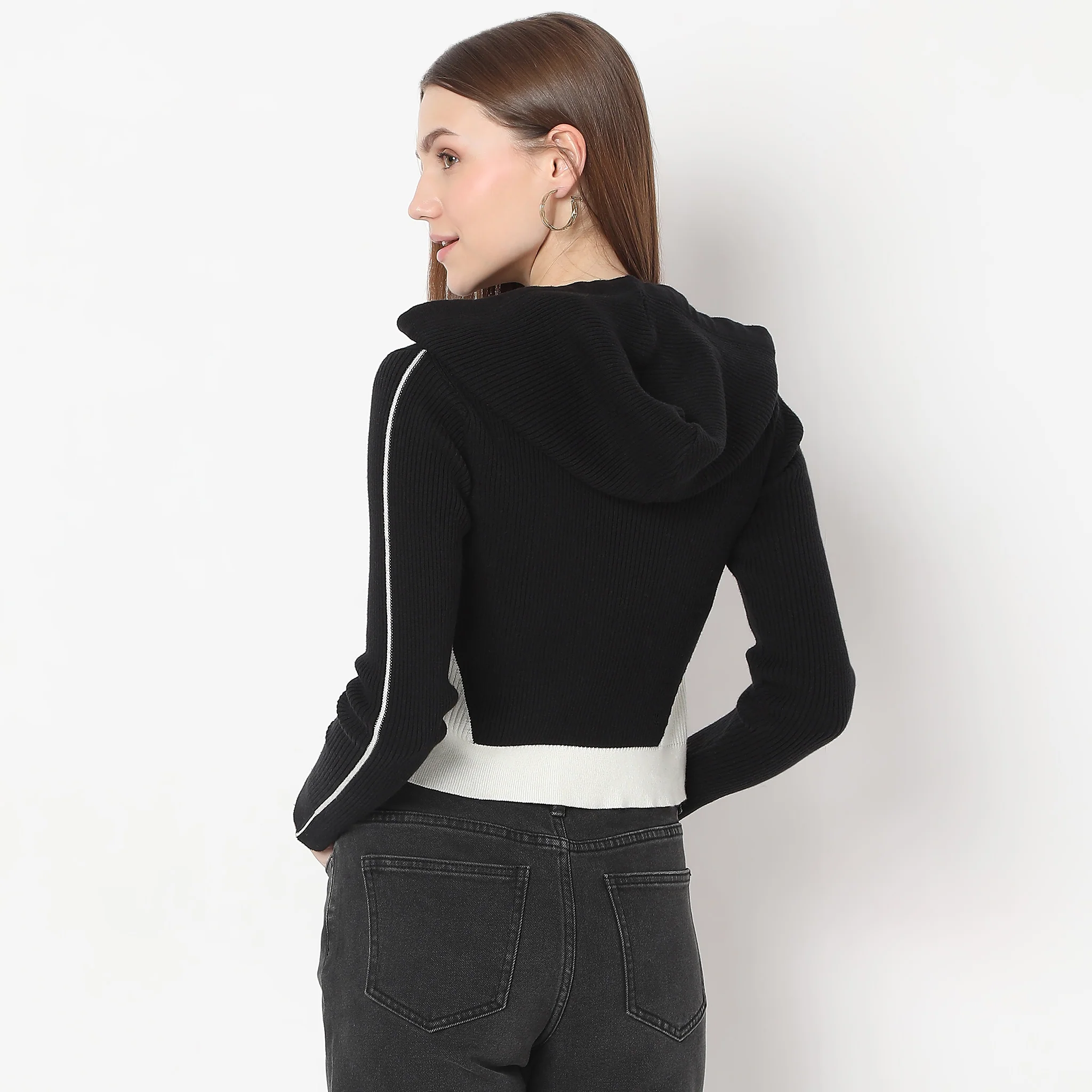 Slim Fit Colour Block Hoodie Flat Knit Full Sleeve T-Shirt - Image 3