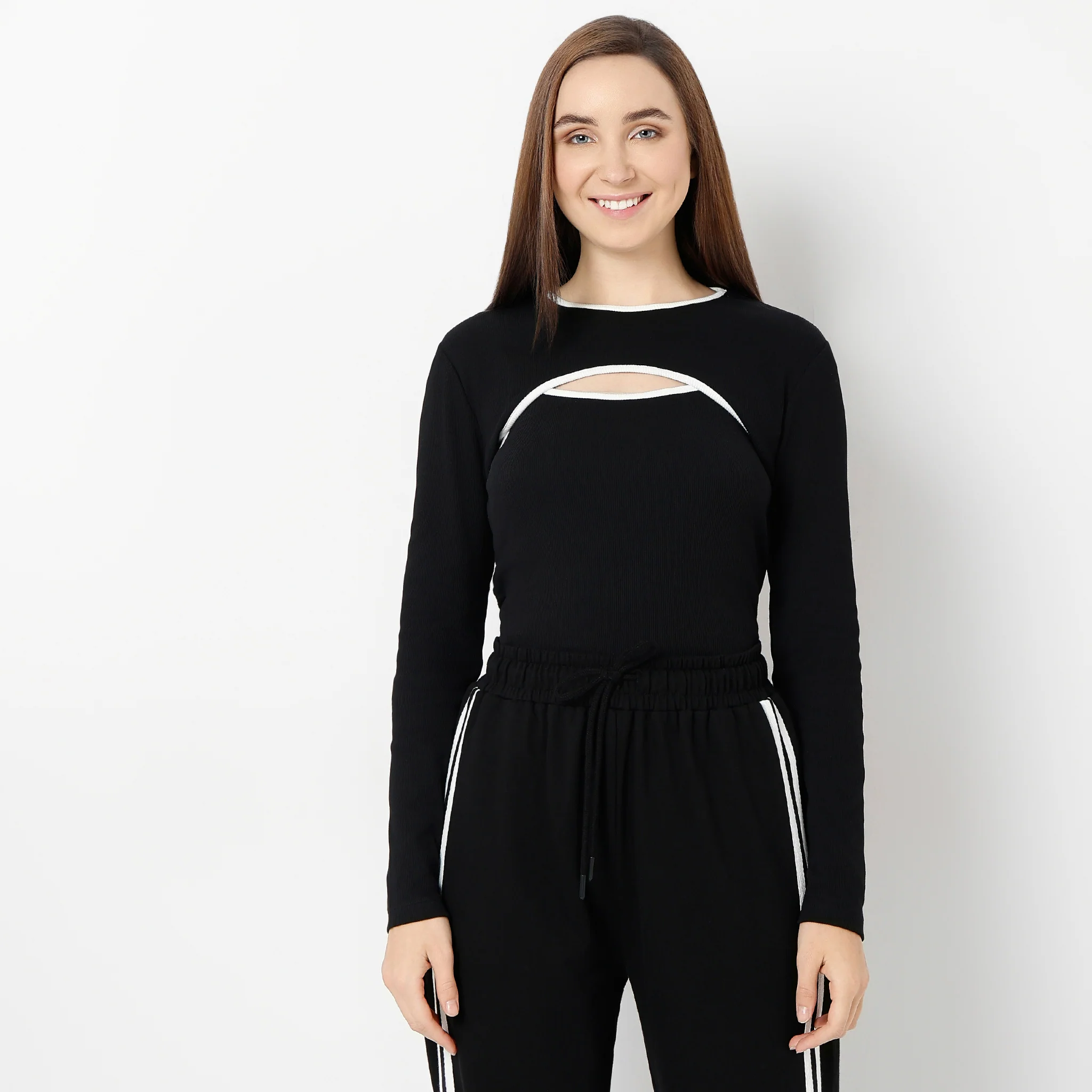 Slim Fit Full Sleeve With Cut Out Neck Detail T-Shirt - Image 2