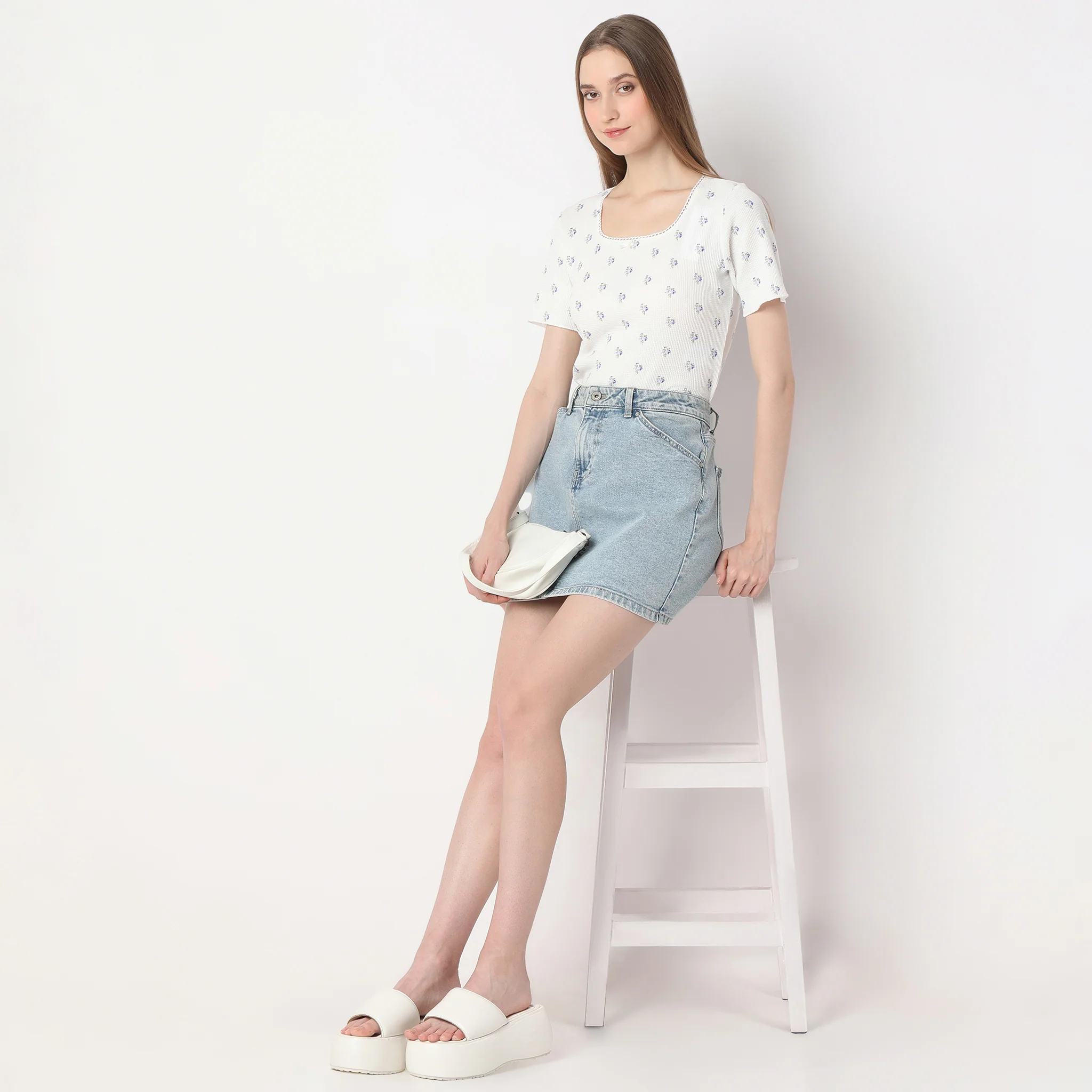 Slim Fit Printed Square Neck Short Sleeve Lace Detail On Neckline T-Shirt