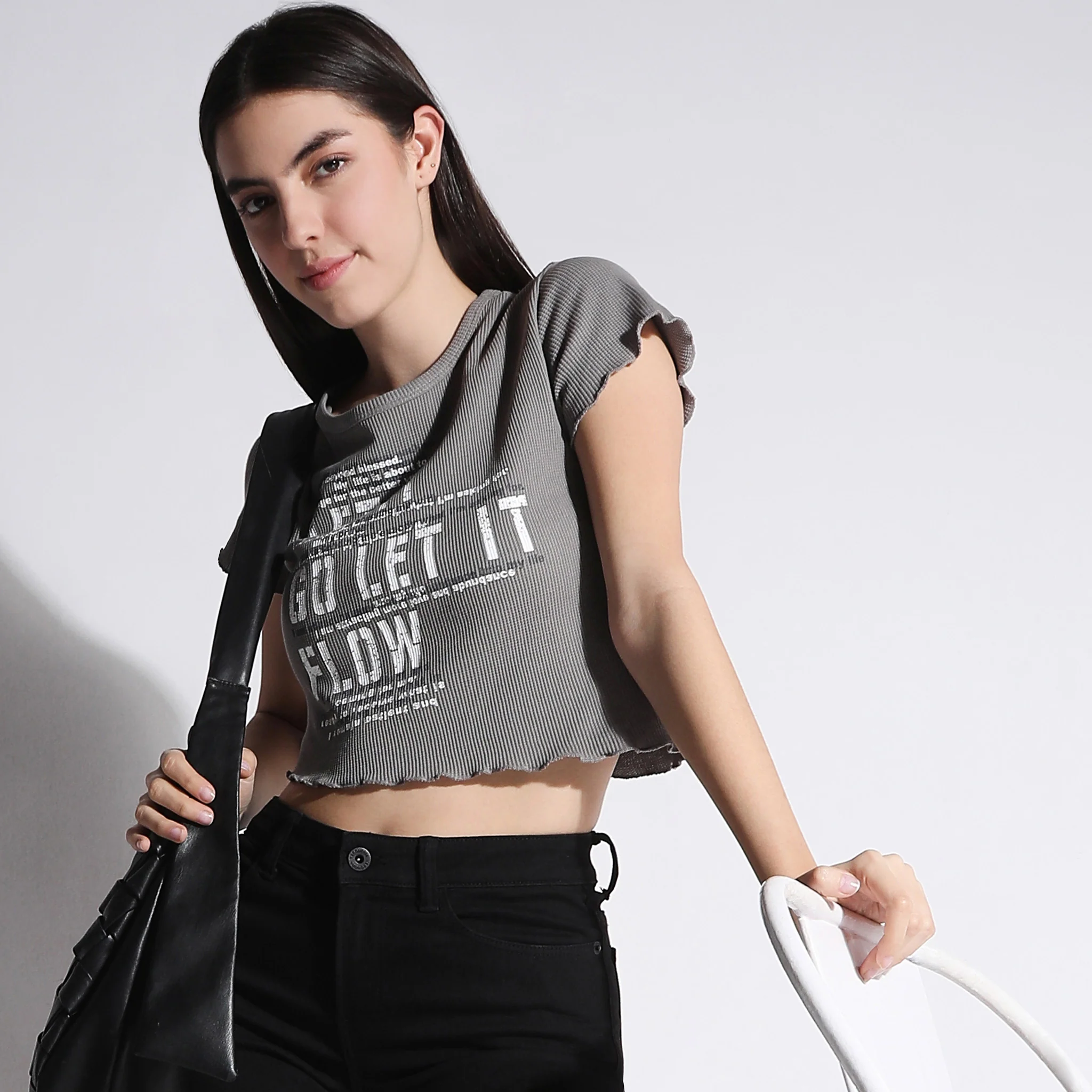 Slim Fit Printed Short Sleeve With Front Print Crop T-Shirt