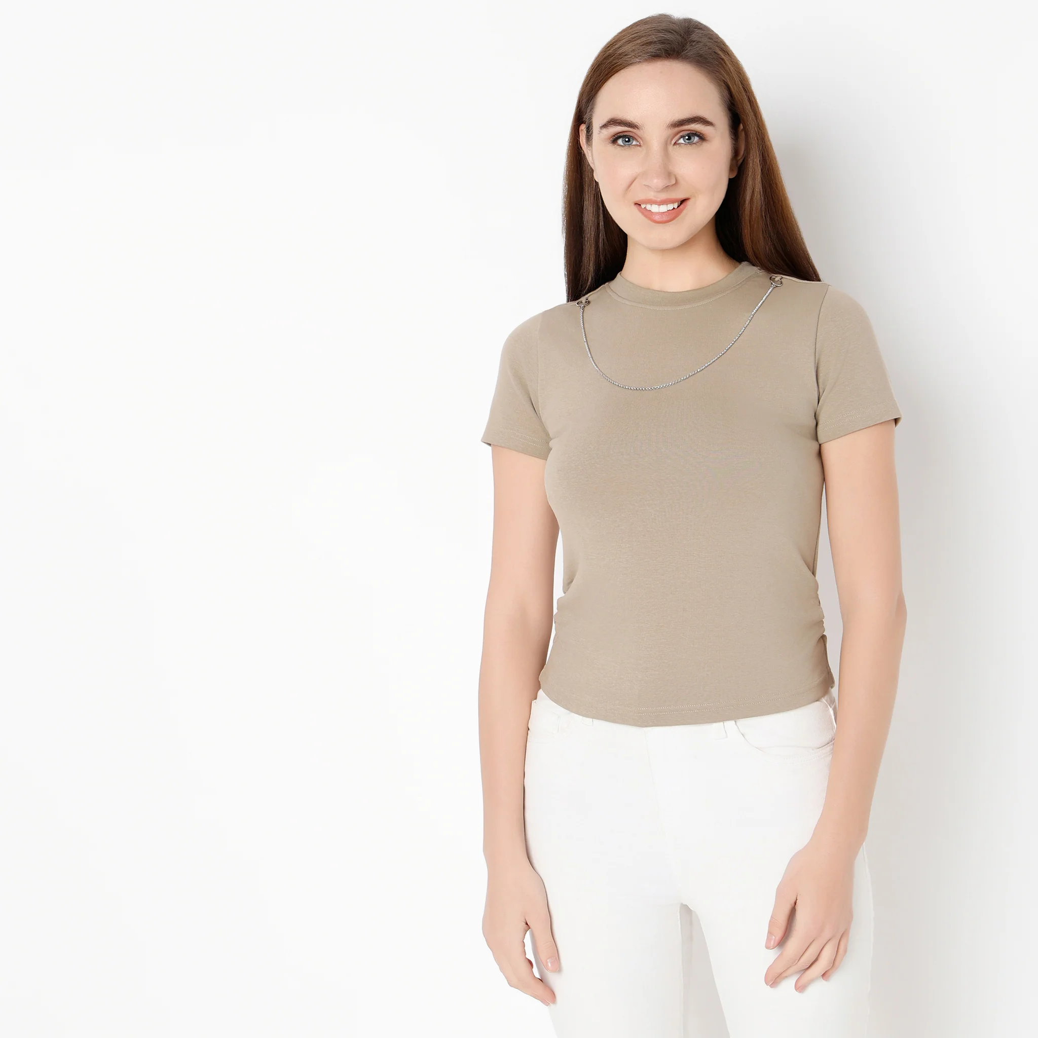 Round Neck Half Sleeve Ruching Detail Solid T-Shirt - Image 2