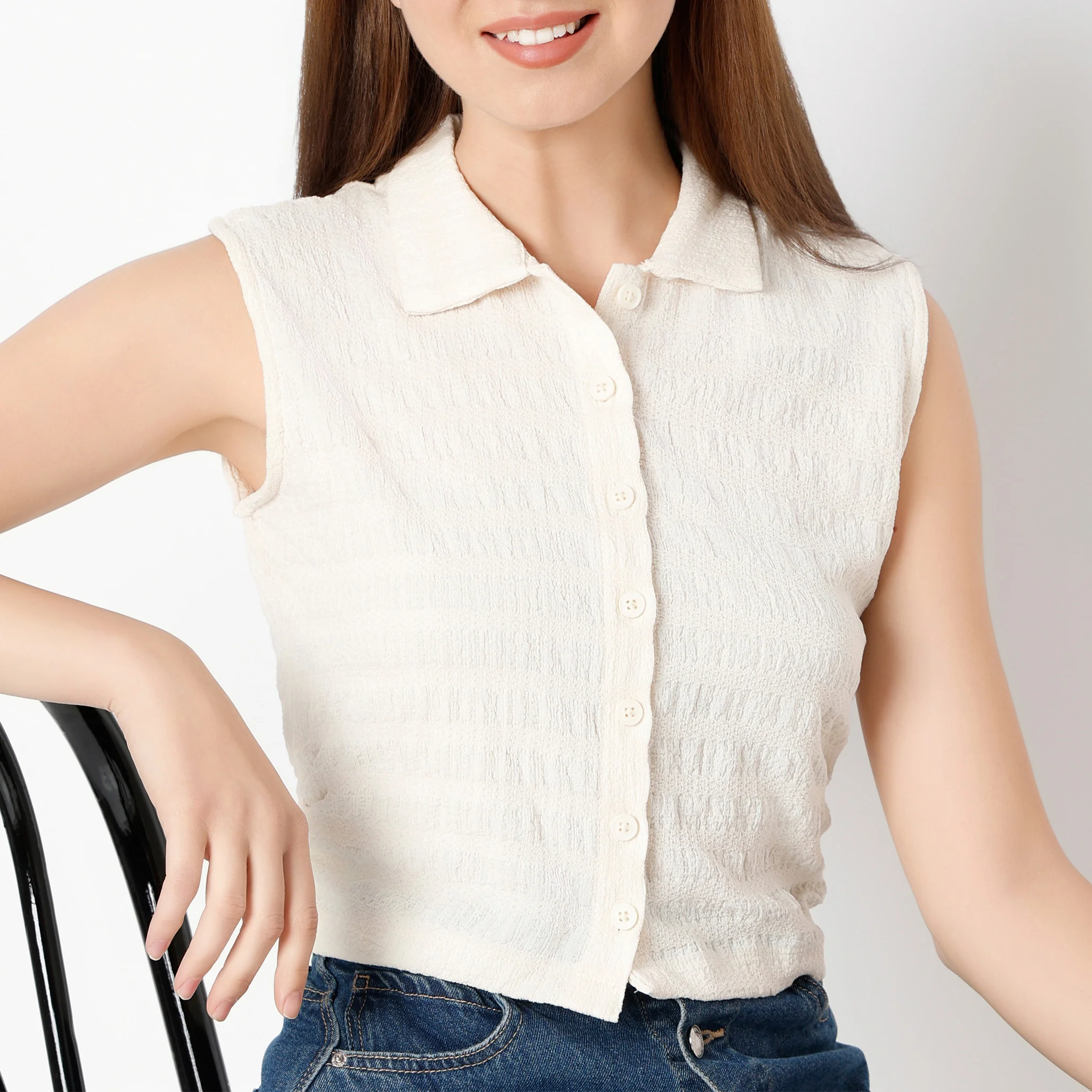 Shirt Collar Sleeveless Crop Shirt - Image 9